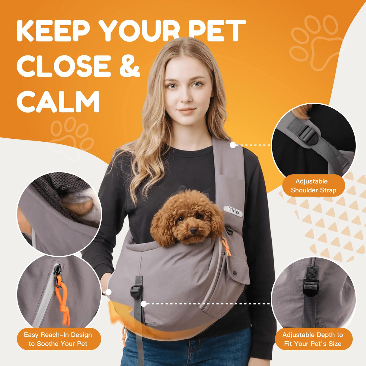 Tirige Pet Sling Carrier for Small Dogs and Cats, Hands-Free Crossbody Bag with Safety Leash, Multiple Pockets, Gray, 5-15 lb