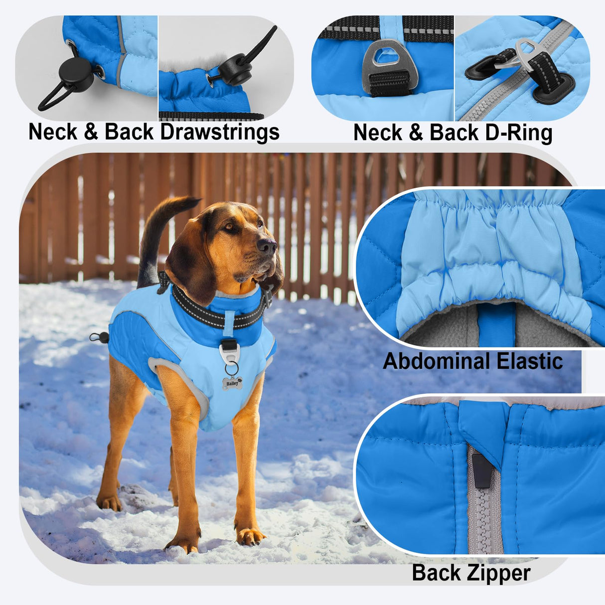 Warm Dog Coat - Reflective, Windproof and Waterproof with D Ring & Adjustable Buckles, Turtleneck, Fleece Lined Large Dog Coats for Winter, Christmas Pet Garment Snowsuit - 3XL Blue