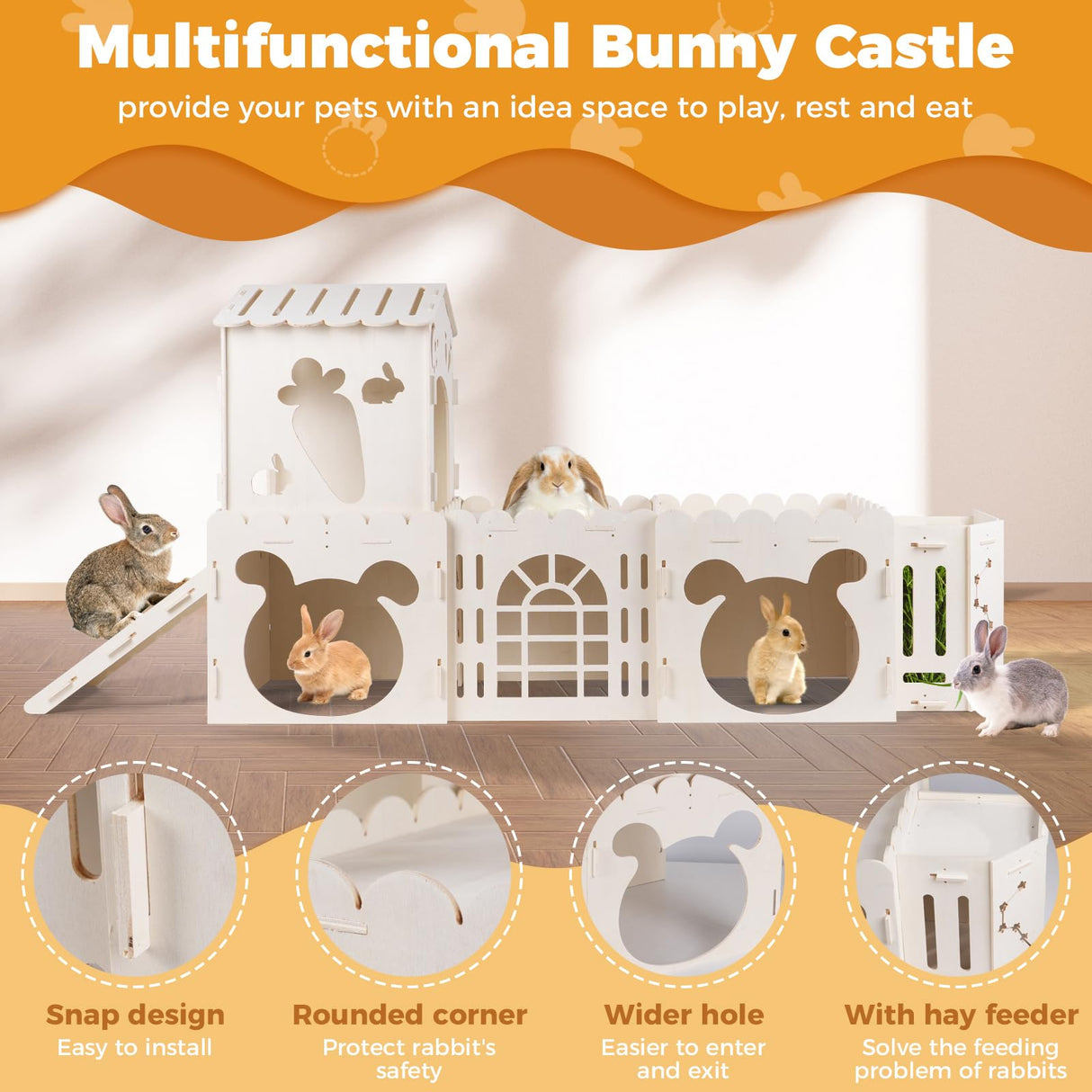 Extra Large Rabbit House, Wooden Bunny Castles with 4 Houses and Hay Feeder, Indoor Guinea Pig Castles Multistory Climbing Tower, Sturdy Wooden Bunny Cage Indoor, Small Animal Pet Rabbit Habitat