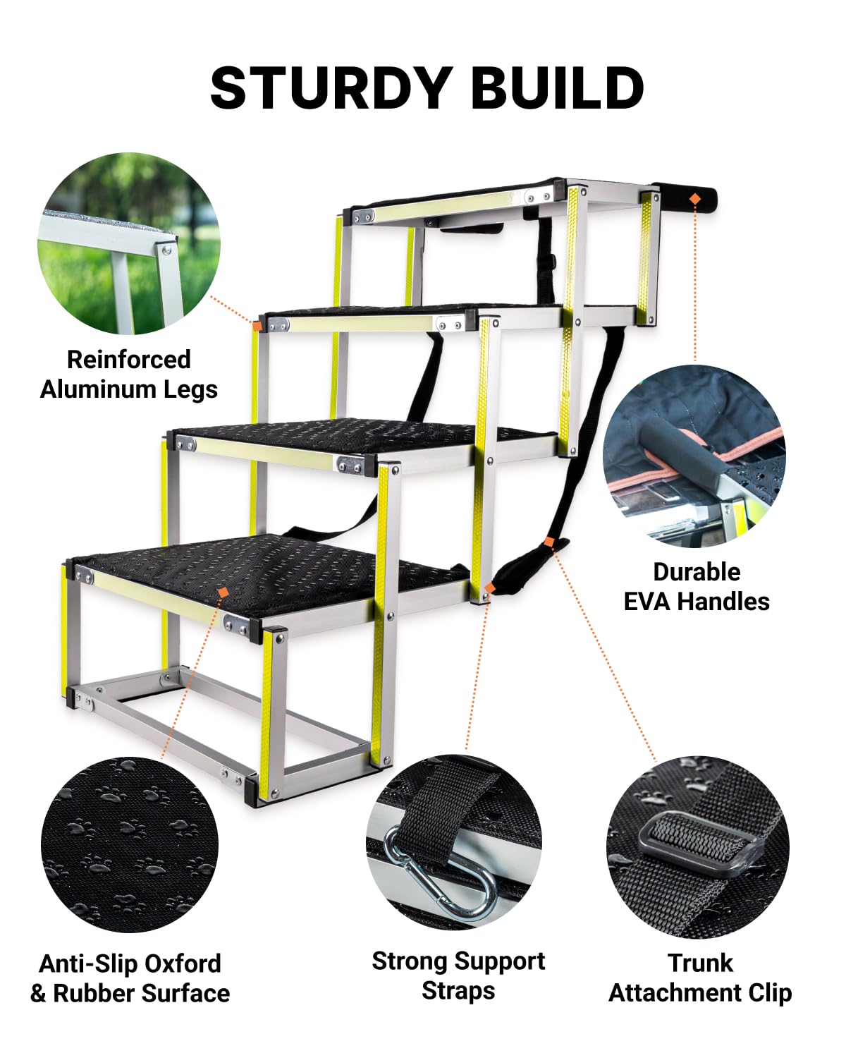 Owleys Dog Stairs for Large Dogs and Small - Glow in The Dark Marking - Car Ramps for Large Dogs up to 180 lbs - Non-Slip Surface - Foldable Dog Ramp for All Cars 4 Steps