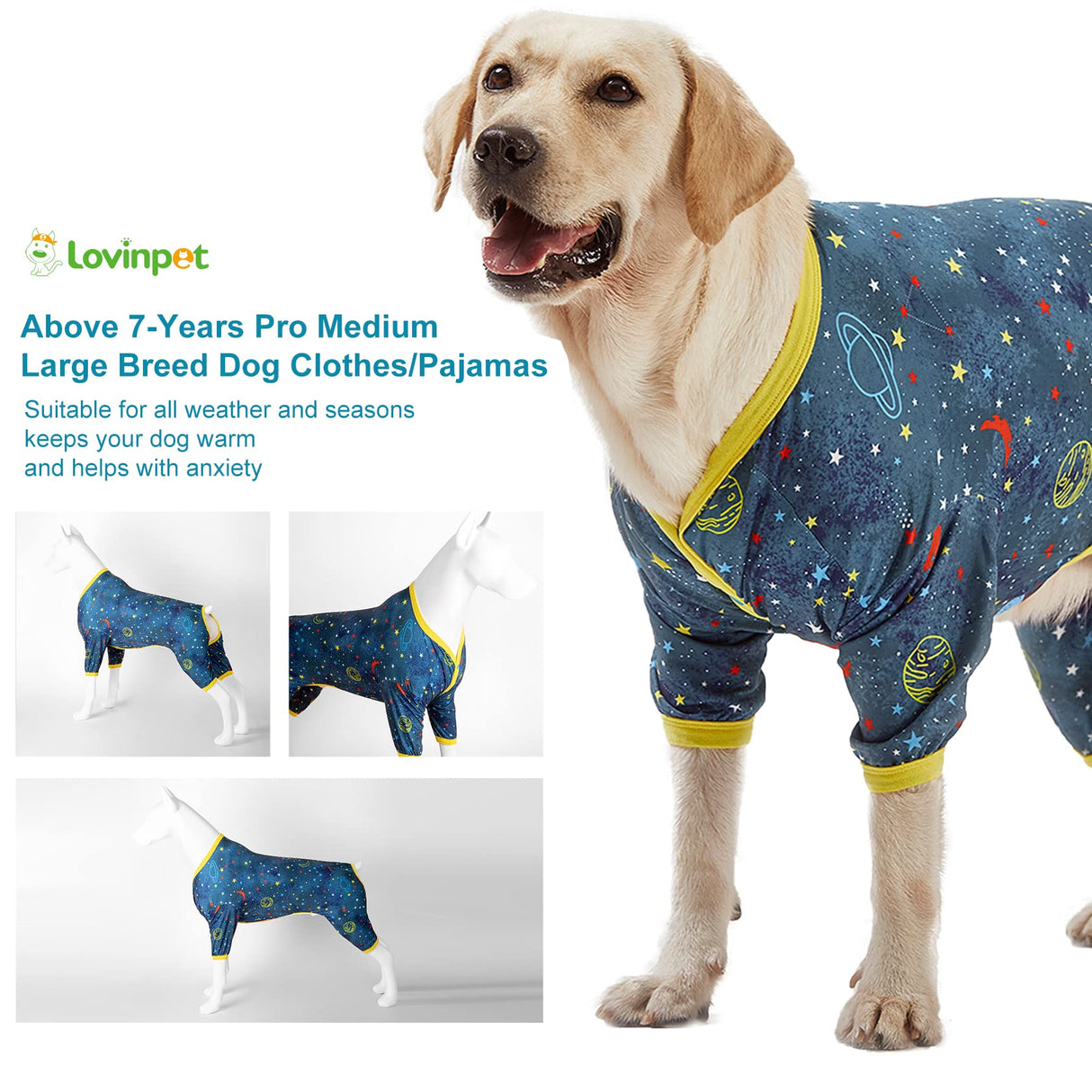 LovinPet Large Dog Surgery Recovery Shirt, Undershirt for Dog Coats, Anti Licking, Pitbull Clothes, Pet Anxiety Onesies, Navy Space Print, Pet Pajamas for Dogs, Pitbull Onesie, 2XL