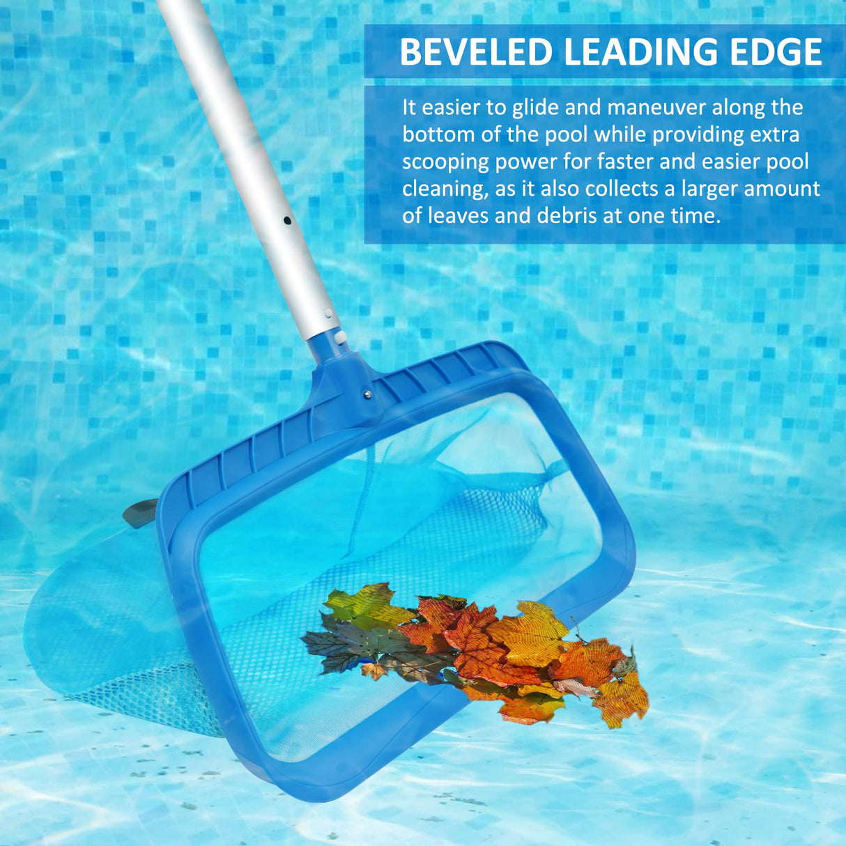 Poolvio Swimming Pool Skimmer Net, Fine Mesh Pool Leaf Rake Net with Double-Layer Deep Bag, Reinforced Frame - Swimming Pool Nets for Cleaning Finest Debris