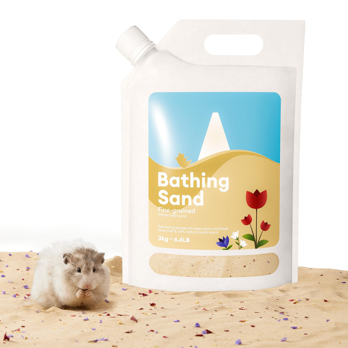 BUCATSTATE Hamster Sand, No-Dust 6.6LB Chinchilla Dust Bath with Pour Spout, 100% Natural Desert Bathing Sand for Syrian Hamster Gerbil Rat Mice Small Animals (Flower Smell)