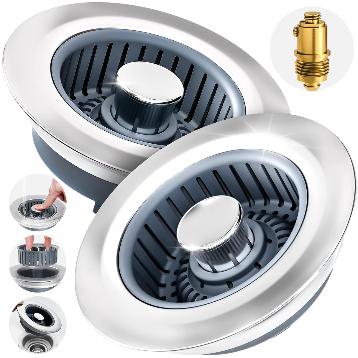 2 Pack Sink Drain Strainer, Sink Stopper, 3 in 1 Stainless Steel Kitchen Sink Drain Strainer with Anti-Clogging Basket, Fit US Standard 3-1/2 Inch Drain Hole