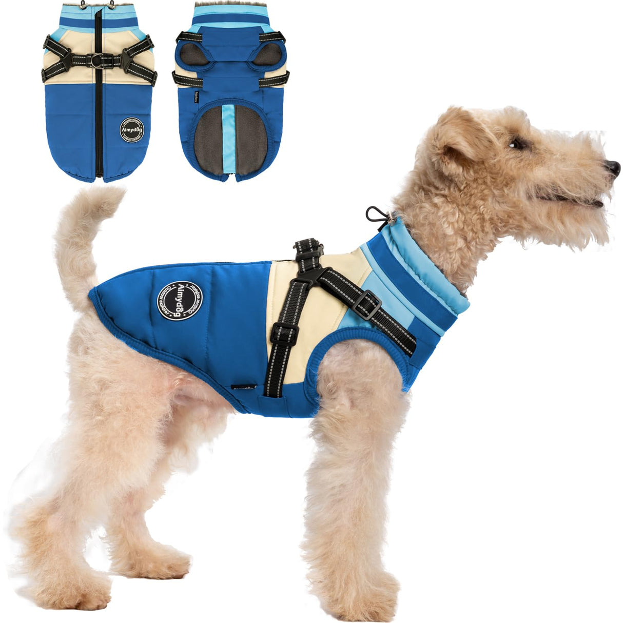 AIMYDOG Winter Coat, Waterproof Jacket, Warm Turtleneck Fleece Vest With Built-in Harness, Reflective Snow Jacket Snowsuit for Small Medium Large Dogs, Blue M