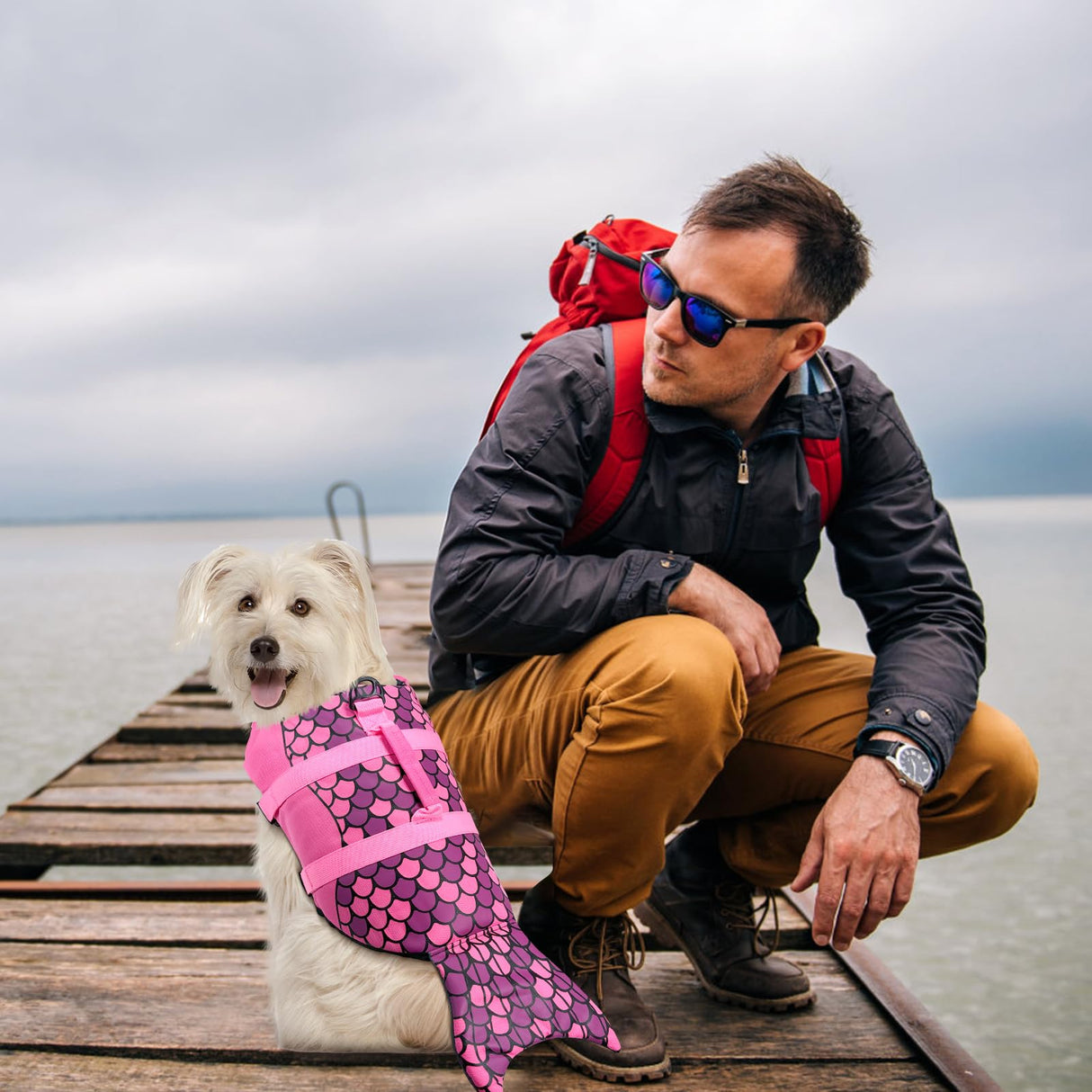 Baipesiy Mermaid Dog Life Jacket, Pink Ripstop Dog Life Vest for Swimming & Boating, High Buoyancy Adjustable Pet Vest with Durable Rescue Handle & D-Ring, for Small/Medium/Large Dogs (Mermaid, M)