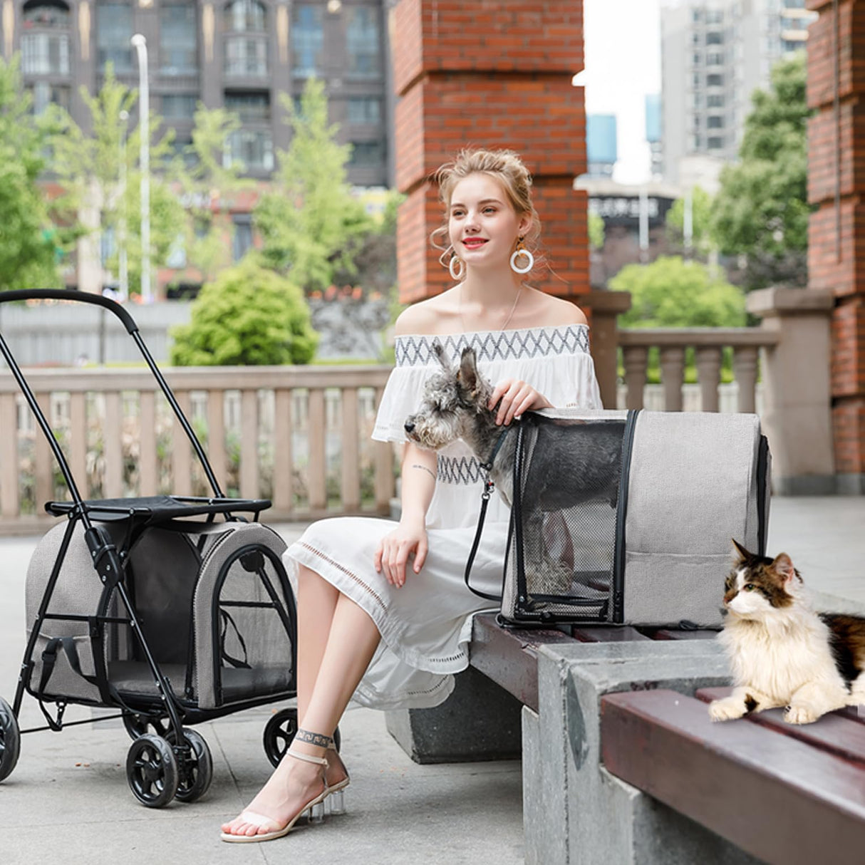 LPOTIUS Double Pet Stroller for Dogs and Cats with 2 Detachable Carrier, Quick-Folding Dog Stroller for Medium Small Dogs Cats, 4 Wheels, Light Gray