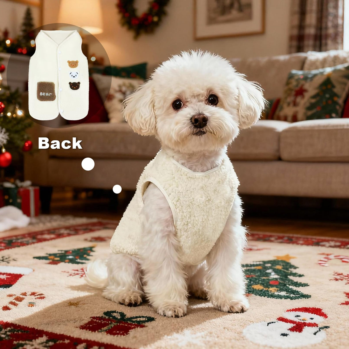 FloofeLove Dog Fleece Vest Jacket, Warm Cute Dogs Sweater with Button Winter Cold Weater Collar Bear Print Coat Pet Clothes for Small Dogs Boy Girl(White, L(12 to 15 lbs))