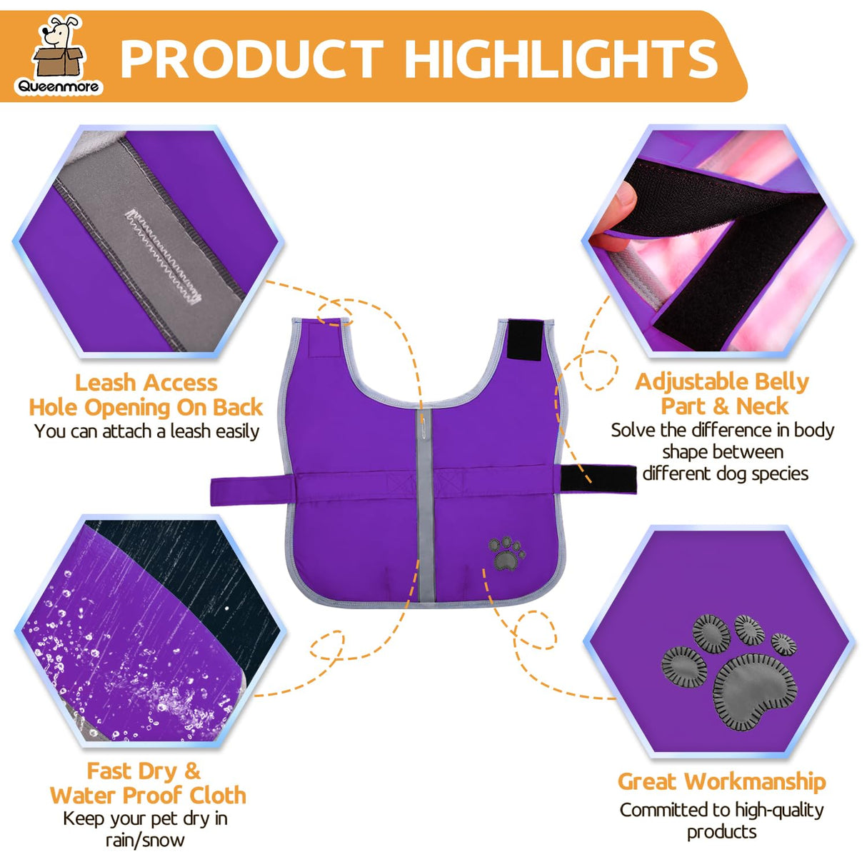 Queenmore Dog Winter Coat, Cold Weather Fleece Jacket for Dogs, Waterproof Reflective Reversible, for Small, Medium and Large Dogs (Purple, XL)
