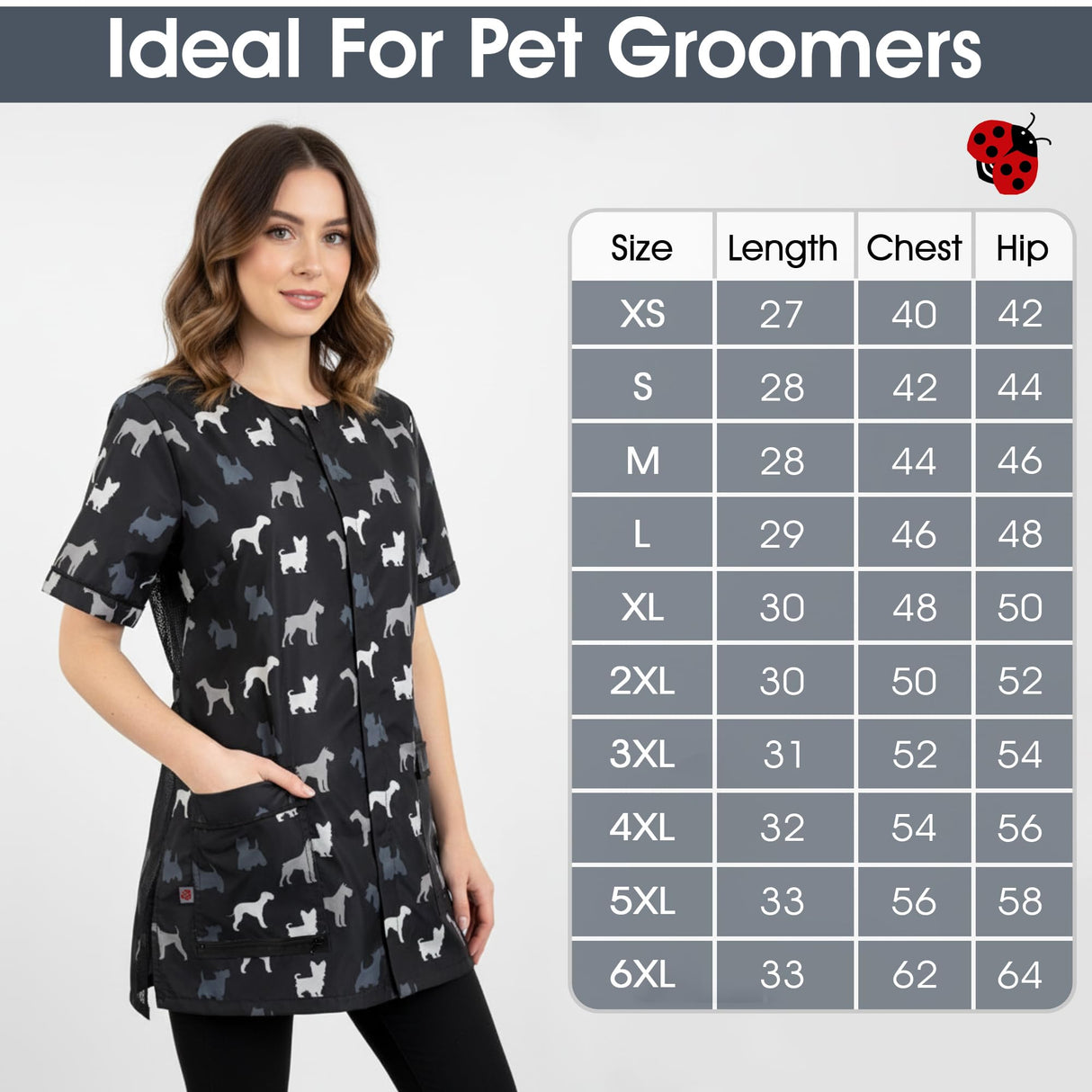 Ladybird Line 709 Grey Terrier Waterproof Unisex Dog Grooming Smock with Pockets, Hair Bleach Resistant, Covered Zipper Panel, Mesh Back, Adjustable Back Tie Belt, Pet Grooming and Vet Clinics - 5XL