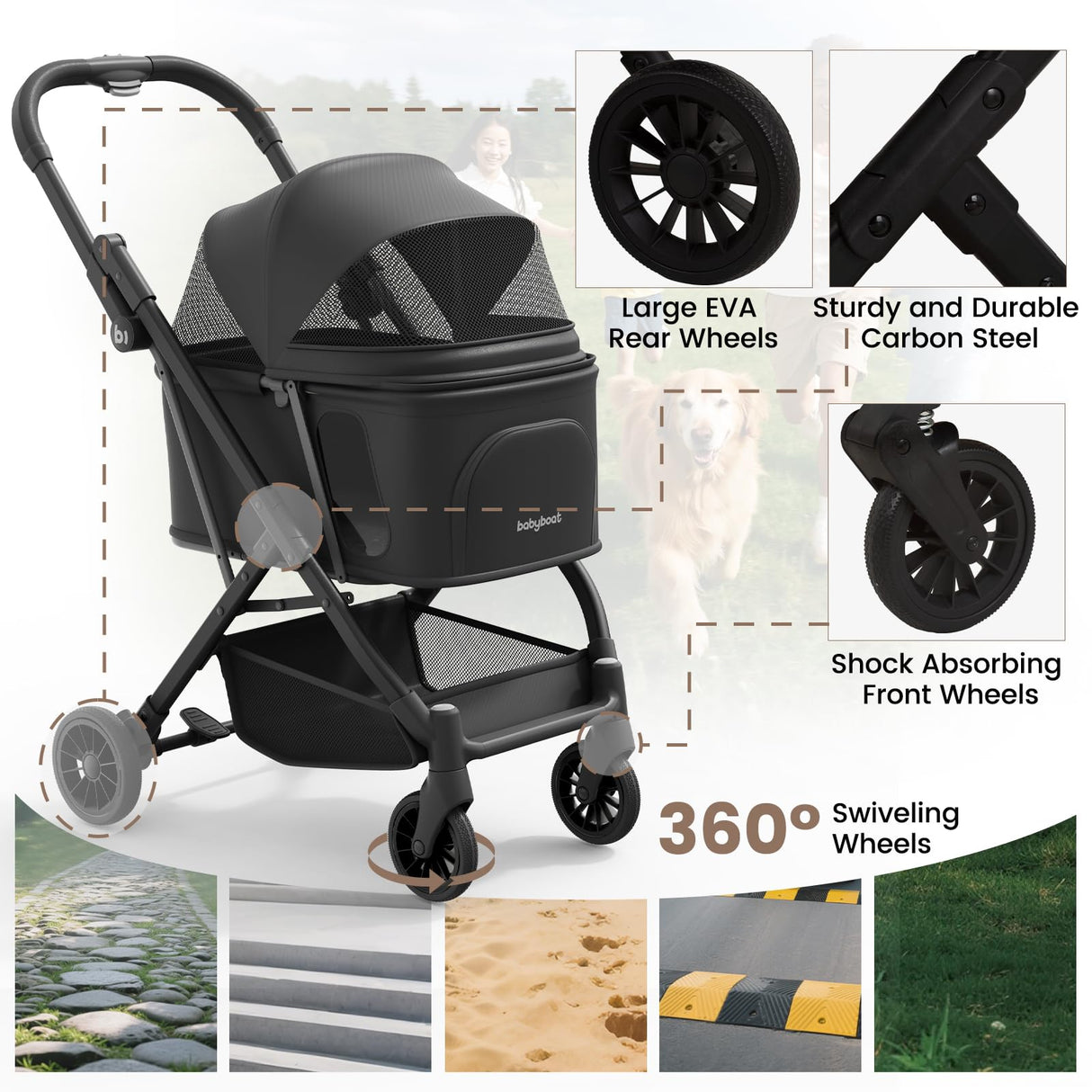 Foldable Dog Stroller for Small Dogs & Cats Portable Compact Pet Stroller Up to 35lbs Medium Pets One Click Folding Large Cat Carriage with Convertible Canopy Storage Basket - Black