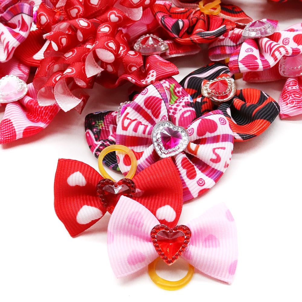 Senniea 60Pcs Dog Bows with Rubber Bands Love Heart Dog Bowknot Hair Bows Red Pink PuppyTopknot Bows for Day Doggie Cat Bunny Yorkie Pet Hair Grooming Accessories (Valentine's Day)