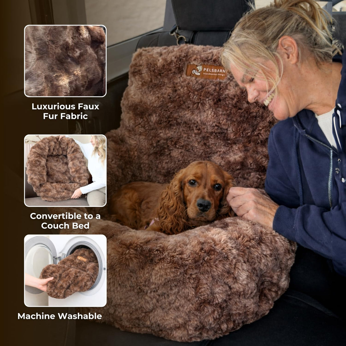 Pelsbarn Luxurious Cozy Car Bed - Small Luxury Travel Dog Bed with Safety Belt - Ultra Soft Faux Fur - Brown