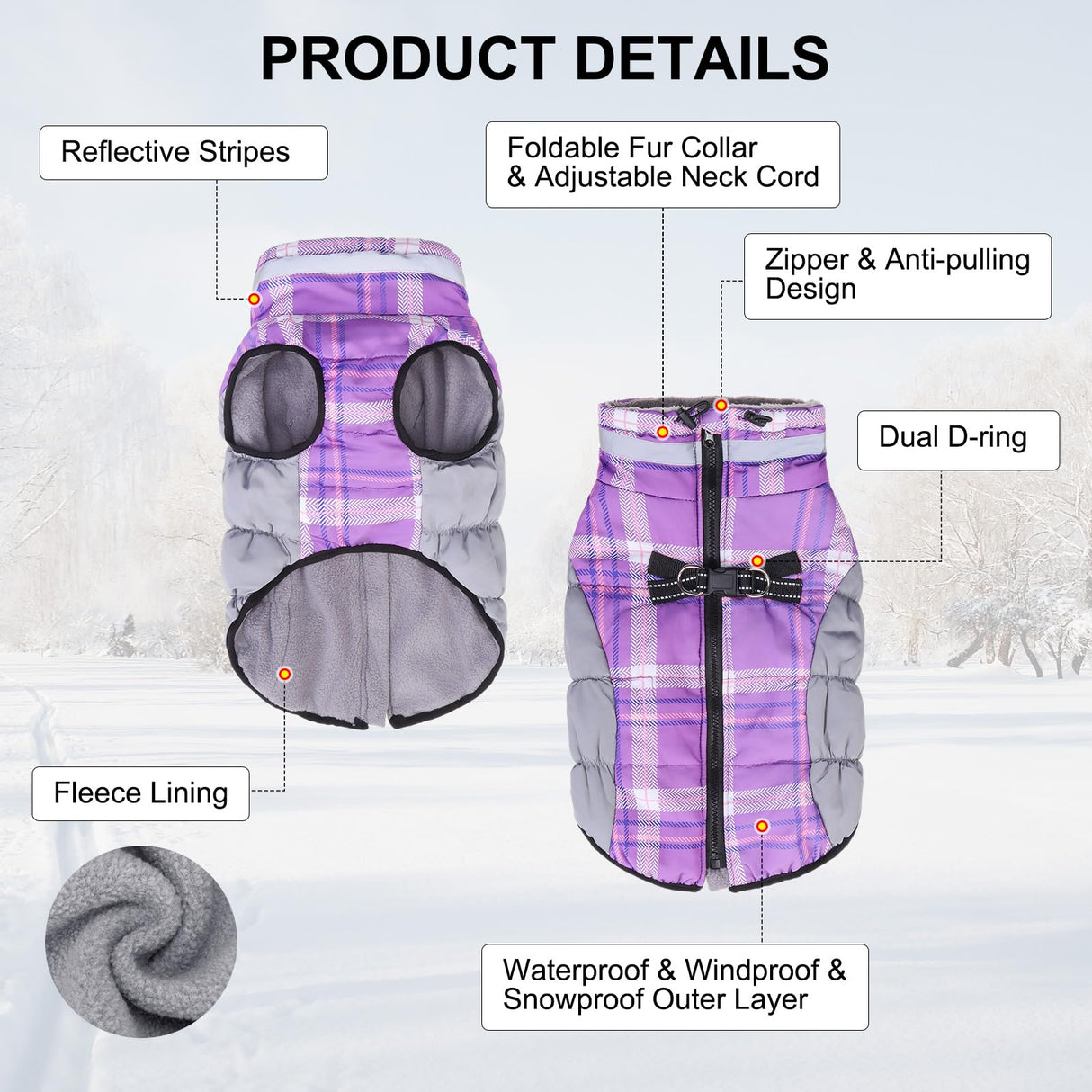 BEAUTYZOO Dog Winter Coat with Harness Built in, Reflective Plaid Puffer Vest Waterproof for X-Large Dogs, Fleece Warm Puppy Zipped Jacket with D Ring, Pet Cold Weather Sweater Clothes, Purple XL