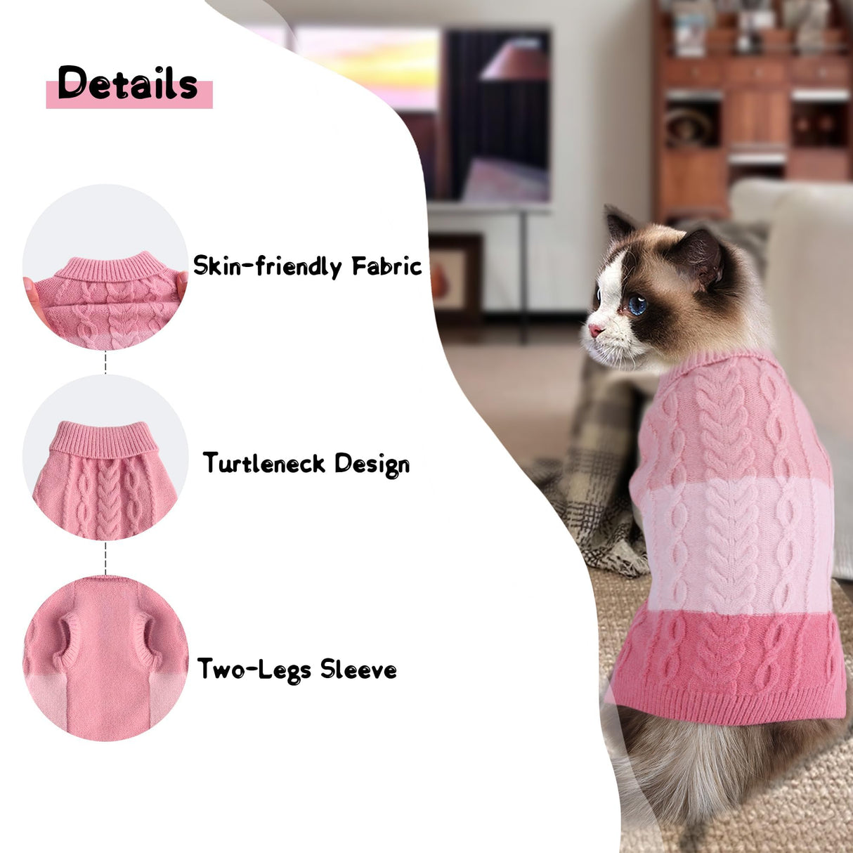 DELIFUR Color Block Dog Sweater - Knitted Turtleneck Cat Knitwear Warm Dog Coats with Classic Cable Fall Winter Clothes for Medium Dog Girl (Pink, XX-Large)