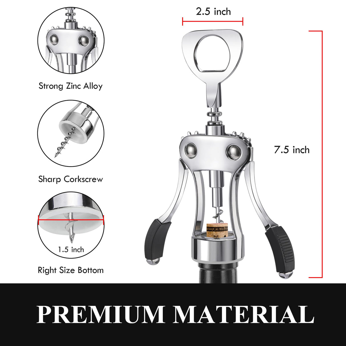 Wine Opener, Heavy-Duty Zinc Alloy Wing Corkscrew, Premium Beer Bottle Opener, Multifunctional Wine Accessories with Ergonomic Handle and Sharp Screw, for Kitchen, Bar, Restaurant (SILVER)