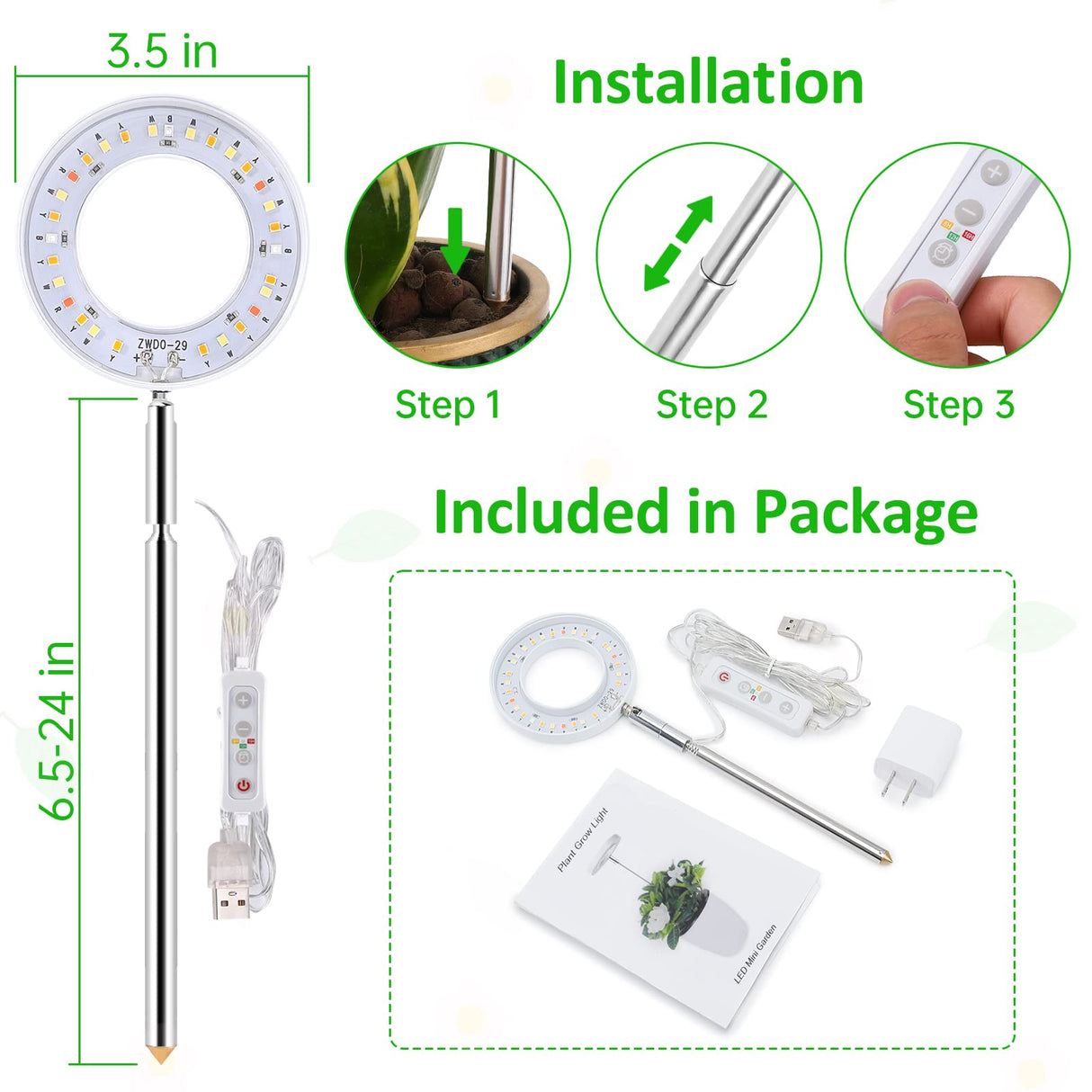 ROMSTO Grow Lights for Indoor Plants, LED Full Spectrum Plant Light for Indoor Plants, Height Adjustable Grow Light with 10 Dimmable Brightness, 8/12/16H On/Off Timer, Ideal for Small Plants,3 Packs