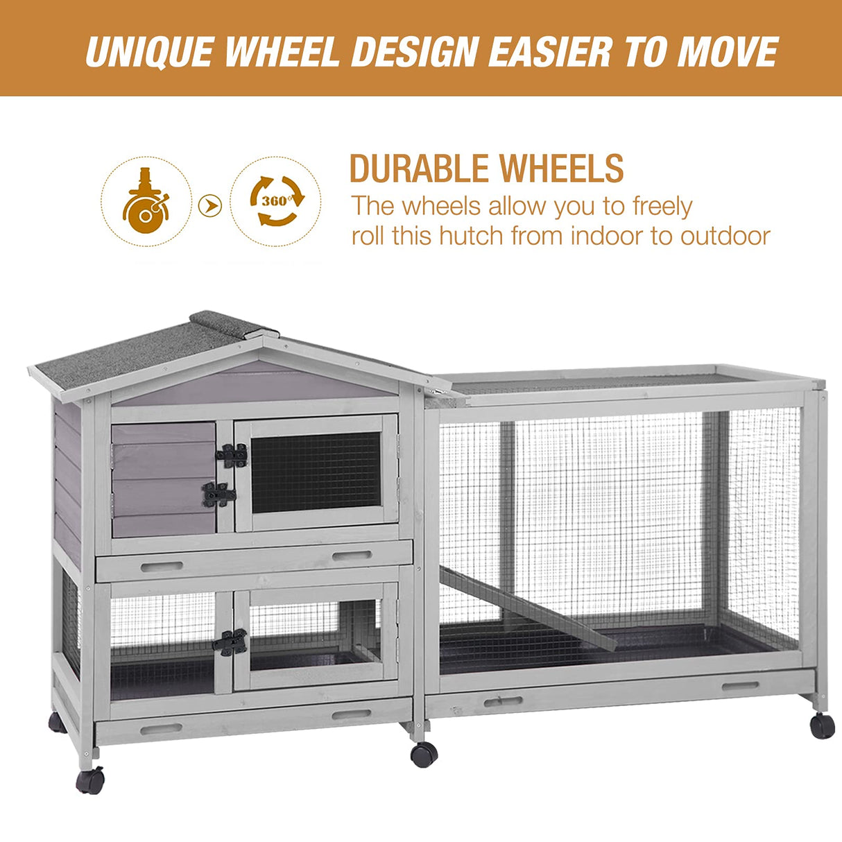 Bunny Cage Indoor and Outdoor Rabbit Hutch with Casters Waterproof Roof, Pull Out Tray from Back and Front 61.2" L x 22.6" W x 33.5" H