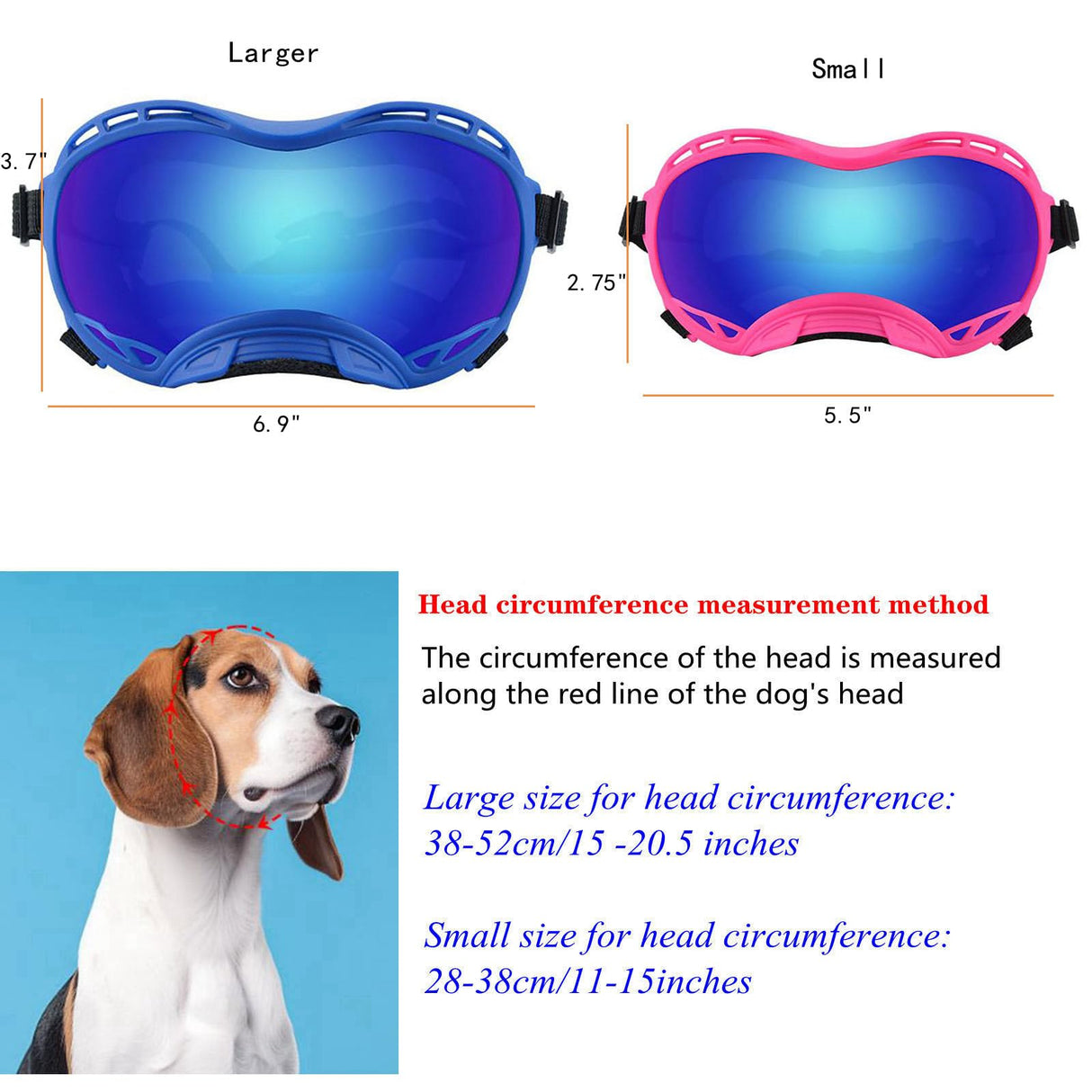 Soft Dog Goggles Anti-UV Sunglasses for Large Breed Dogs, Dustproof Windproof Snowproof, Bule Frame & Colored Lens