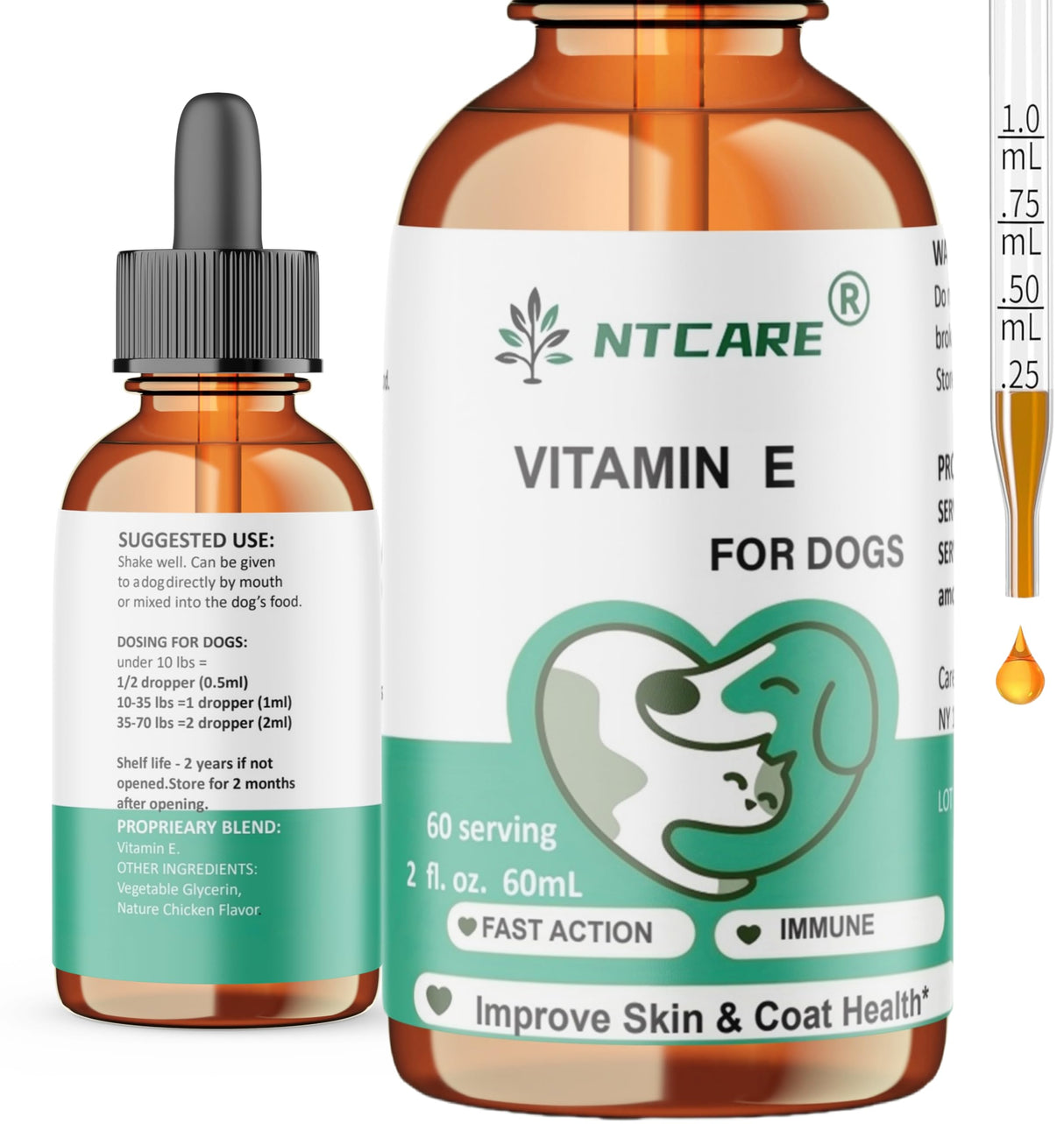NTCARE Vitamin E Oil for Dogs, 2 fl oz, Immune Support, Skin and Coat Health Supplement, 60 Servings