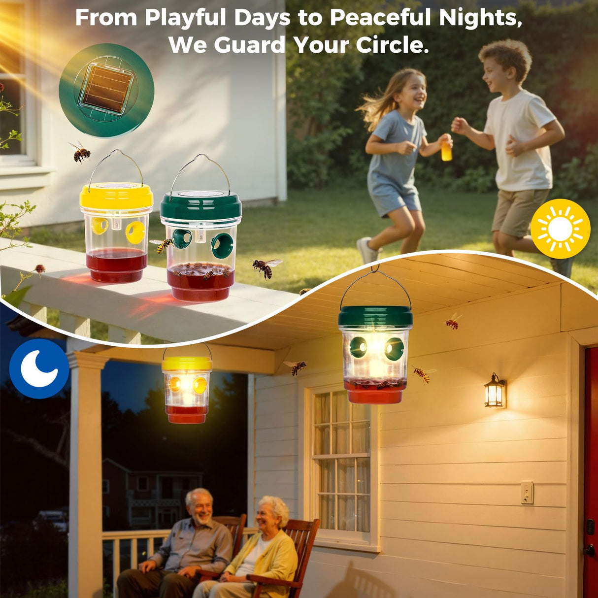 2 Pack Wasp Traps Outdoor Hanging, Carpenter Bee Traps for Outside, Yellow Jacket Trap Solar Powered Wasp Killer with UV LED Light, Bee Catcher Traps, Hornet Traps
