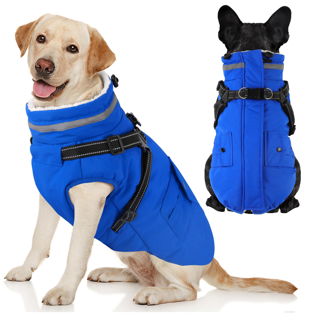 Dogcheer Dog Coat with Harness, Waterproof Warm Dog Winter Jacket with Pockets, Reflective Pet Fleece Jacket Turtleneck Snowsuit for Small Medium Large Dogs - Blue, 2XL