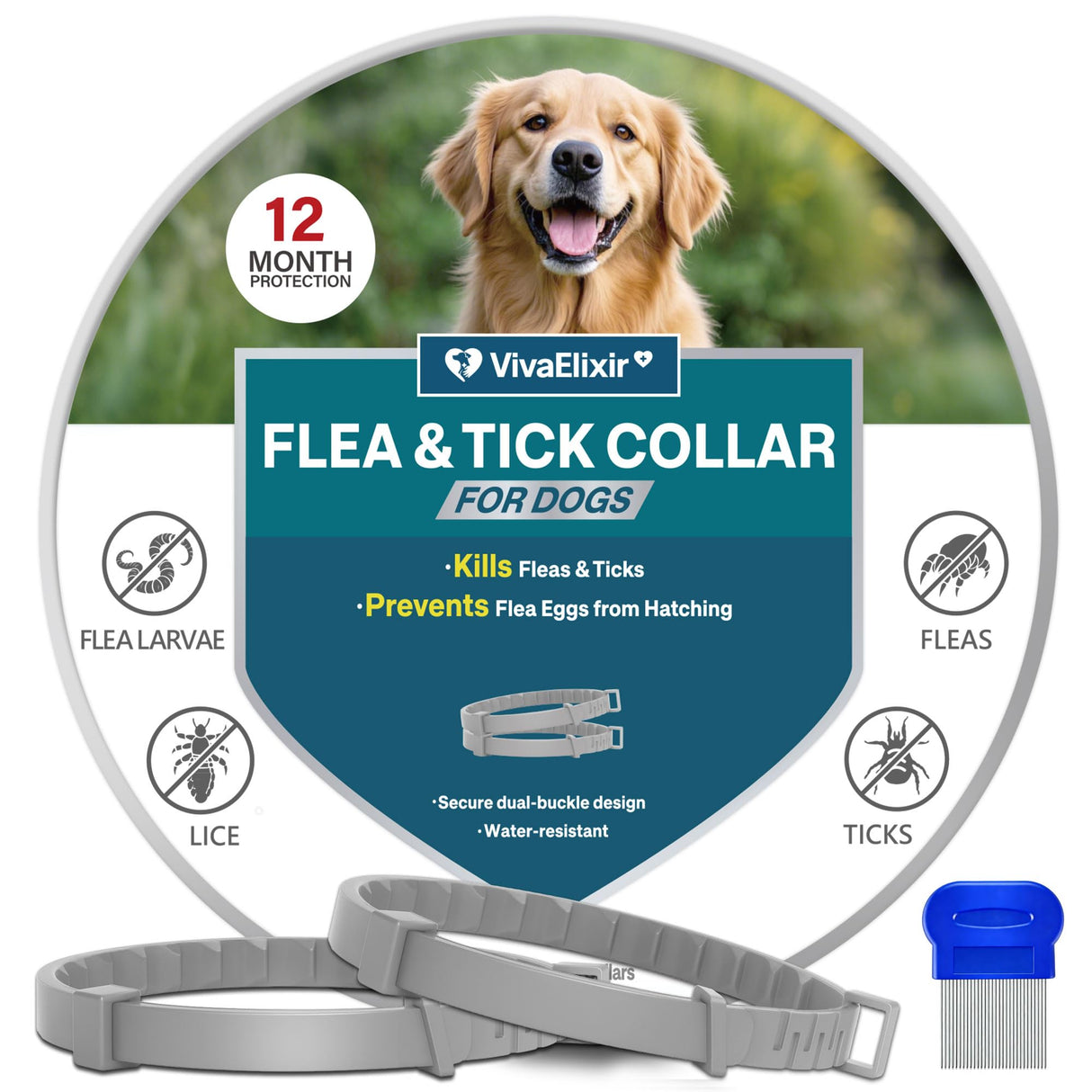 Flea Collars for Dogs, Dog Flea & Tick Control Flea Collar 12 Months Protection, Waterproof Dog Flea Collar, Flea Prevention for Dogs with Comb and Prevention Treatment Drop, 2Pack