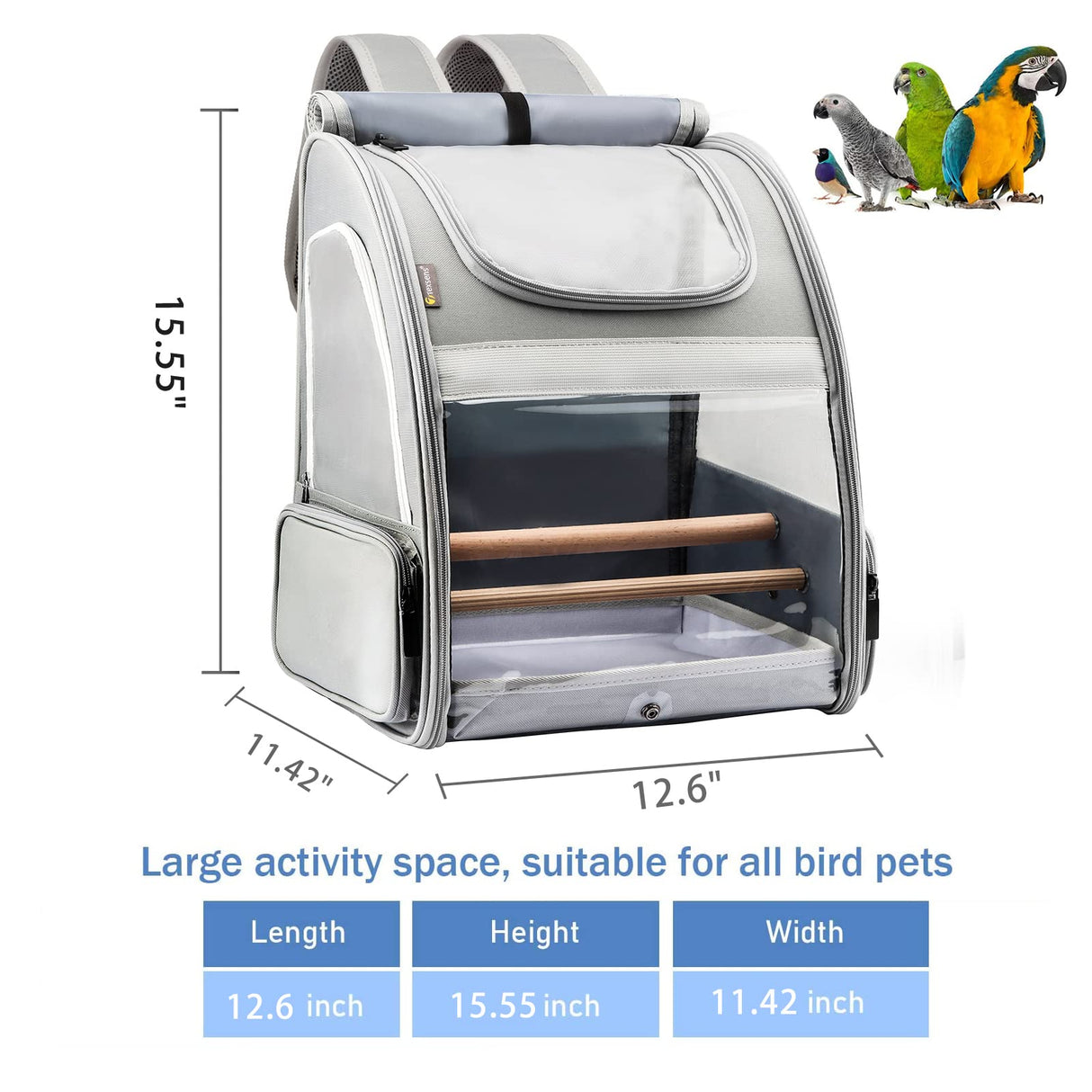 Texsens Bird Carrier Backpack - Pet Travel Cage with Upgraded Tray and Standing Perches, Breathable & Portable, for Small Birds, Green Cheek, Cockatiel, Parrot (Grey)