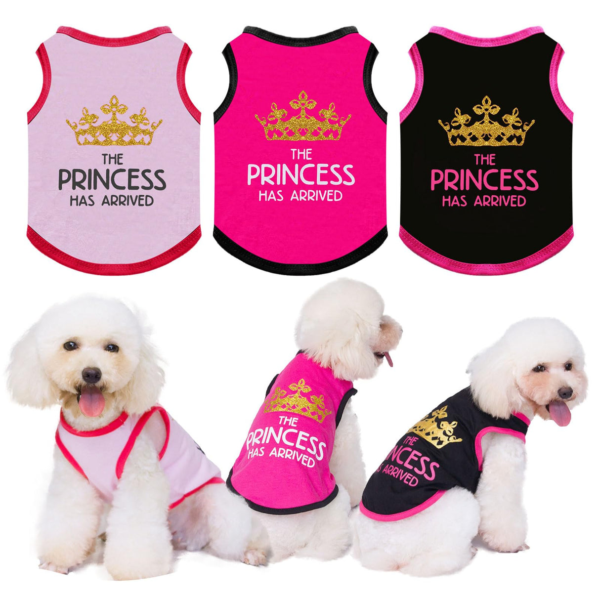 The Printed Prince 3 Pack Dog Shirts - Small Dog Outfits, Cotton Sleeveless Tshirts for Girl Chihuahua, French Bulldog, Dachshund - Pink, Red, Black, XS