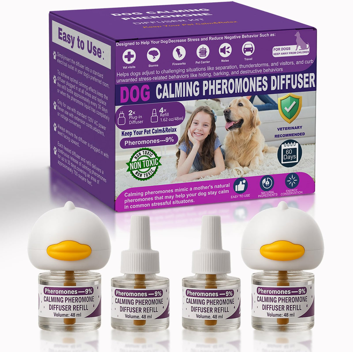 Dog Calming Pheromones Diffuser & 6 in 1 Kit Appeasing Dog Pheromone Diffuser to Calm (2 Plug in+4 x48ml Refill) Dog Calming Diffuser Anxiety Reduce Aggression Fighting Barking Stress 120 Day Supply