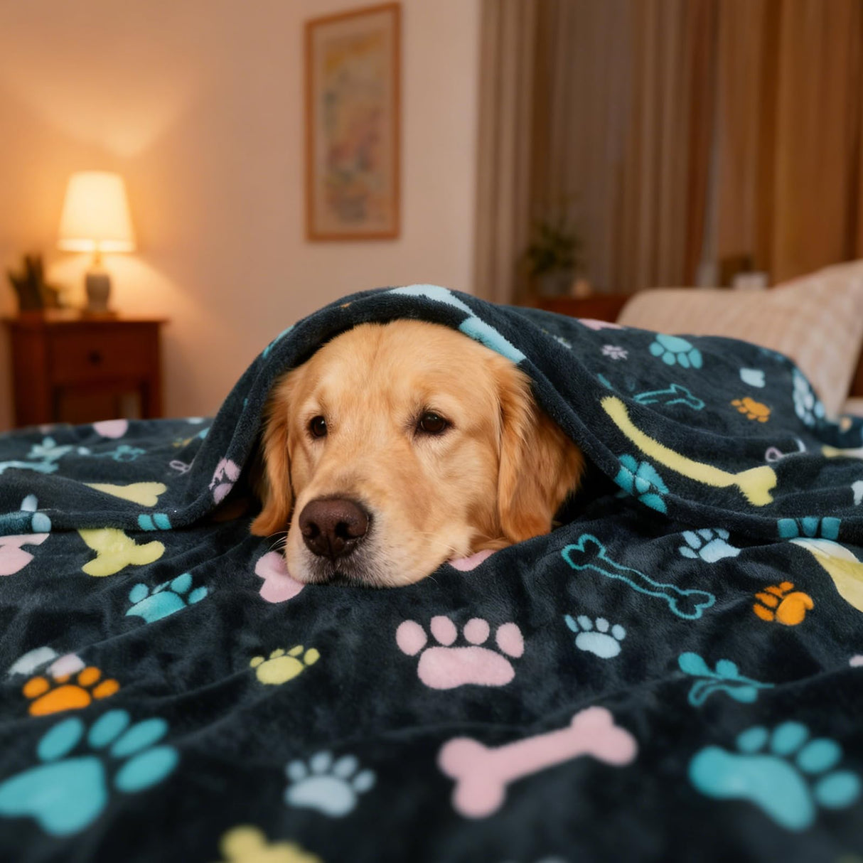 Rezutan Blanket for Large Dogs, Cat Flannel Washable Soft Pet Mat Throw Cover for Kennels-Beds, Sofas, Furniture Protection, Cute Paw Pattern, Black, 80x60 Inch