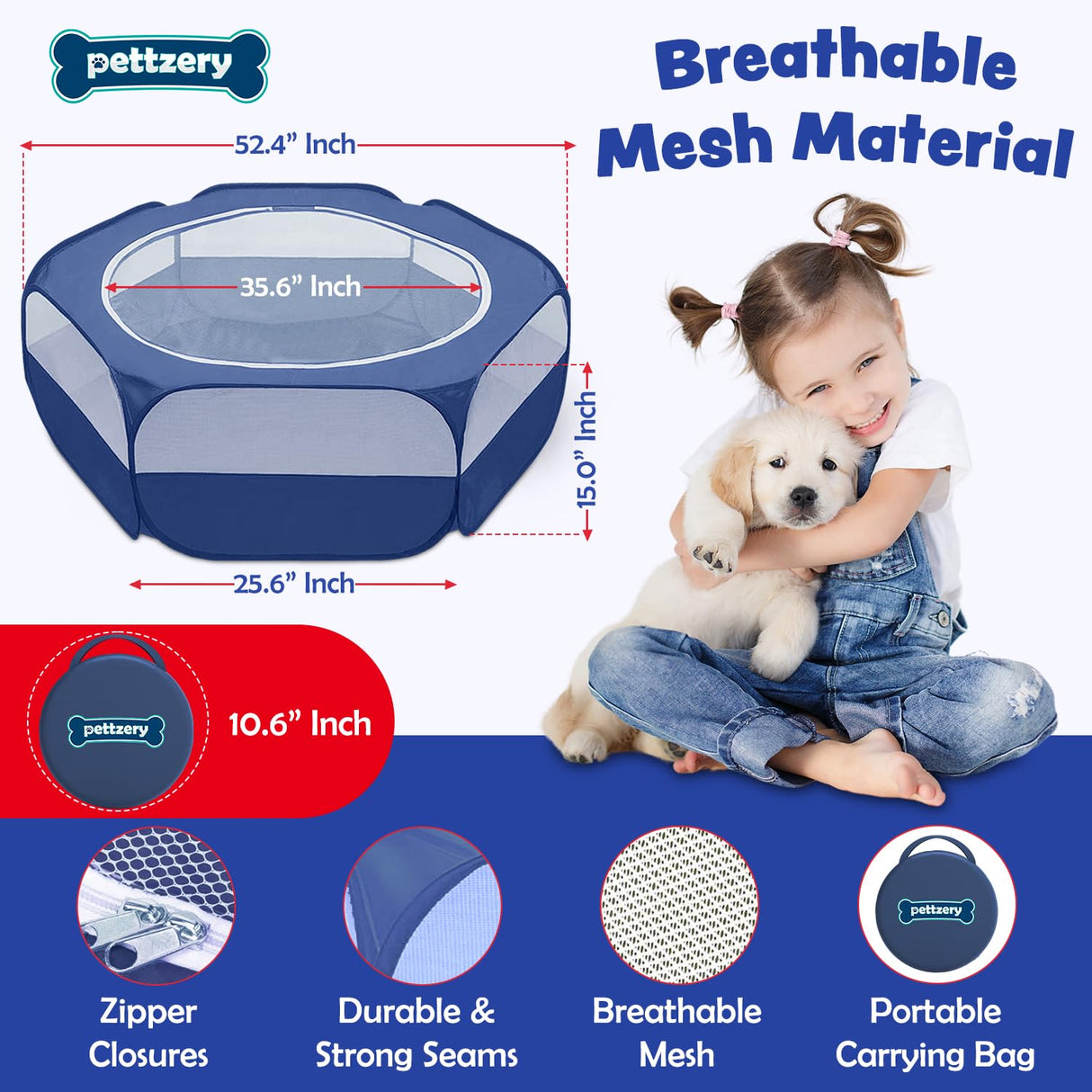 Small Animal Playpen with Zippered Top, Portable Waterproof Pet Cage (47"x23") for Kitten, Bunny, Guinea Pig, Hamster, Chicken Brooder, Indoor & Outdoor Exercise Pen, Foldable Design (Navy)