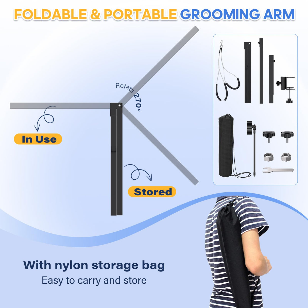 Dog Grooming Arm with Hair Dryer Stand, Adjustable 37'' Dog Grooming Table Arm with Clamp & Dogs Restraints for Grooming Small Medium Dogs Cats, Foldable Pet Grooming Stand at Home