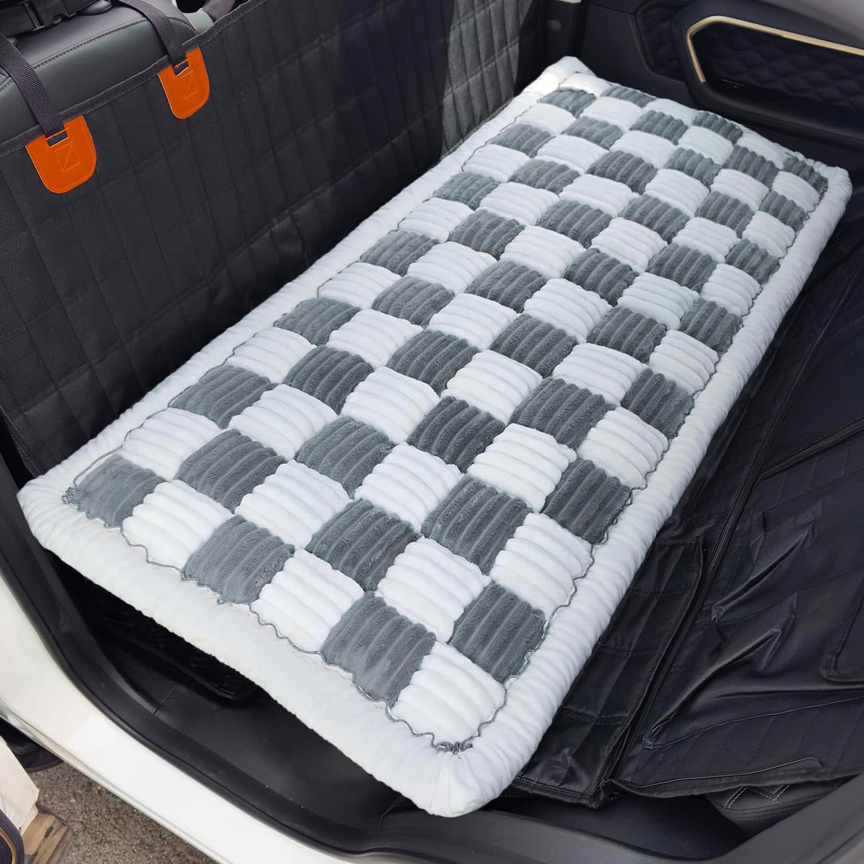 Fulltour Dog Car Seat Cover for Back Seat, Plaid Backseat Pet Bed Mat, Non-Slip Travel Dog Bed for Backseat Extenders, 24.8" x 54", Grey and White