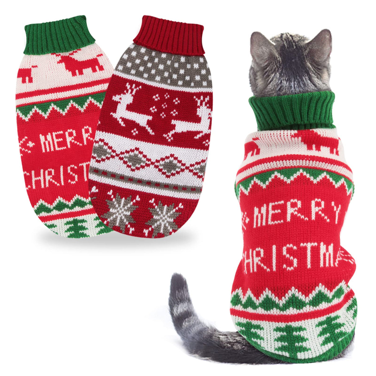 BWOGUE 2 Packs Cat Christmas Sweater Christmas Dog Sweaters Pet Cat Winter Knitwear Warm Clothes Pet Reindeer Snowflake Pet Sweaters for Kittys and Small Dogs
