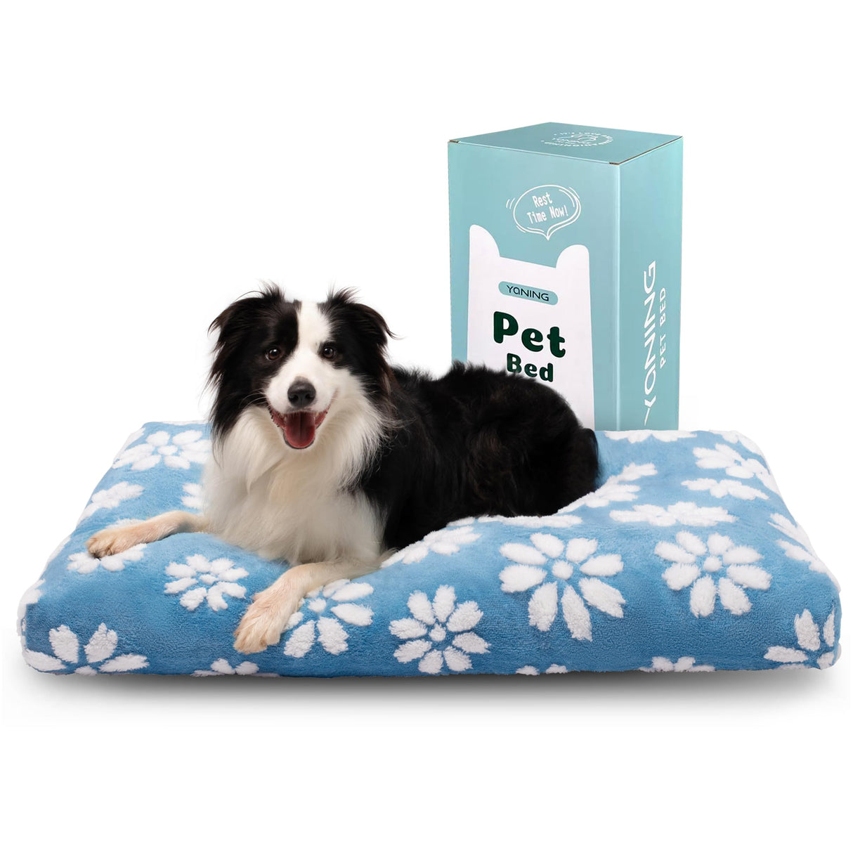 Yaning Dog Beds for Large Dogs, Cute Thick Dog Bed for Crate Kennel, Fluffy Pet Bed with Removable Washable Cover and Anti-Slip Bottom, 35"x 22", Blue Flower