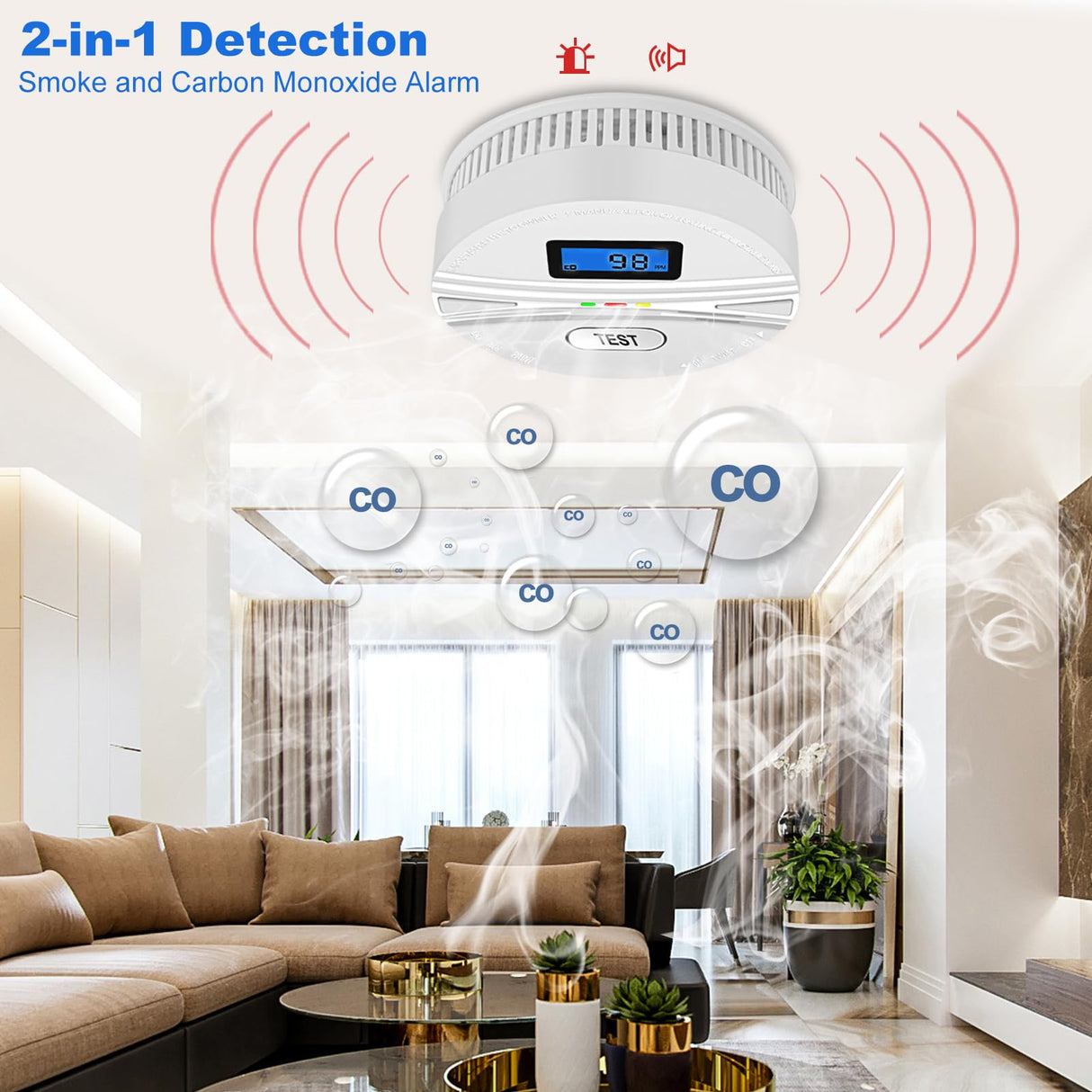Smoke and Carbon Monoxide Detector with Batteries,2-in-1 Smoke Detector Carbon Monoxide Detector Combo,Smoke and Carbon Monoxide Alarm with Test Button and Digital Display