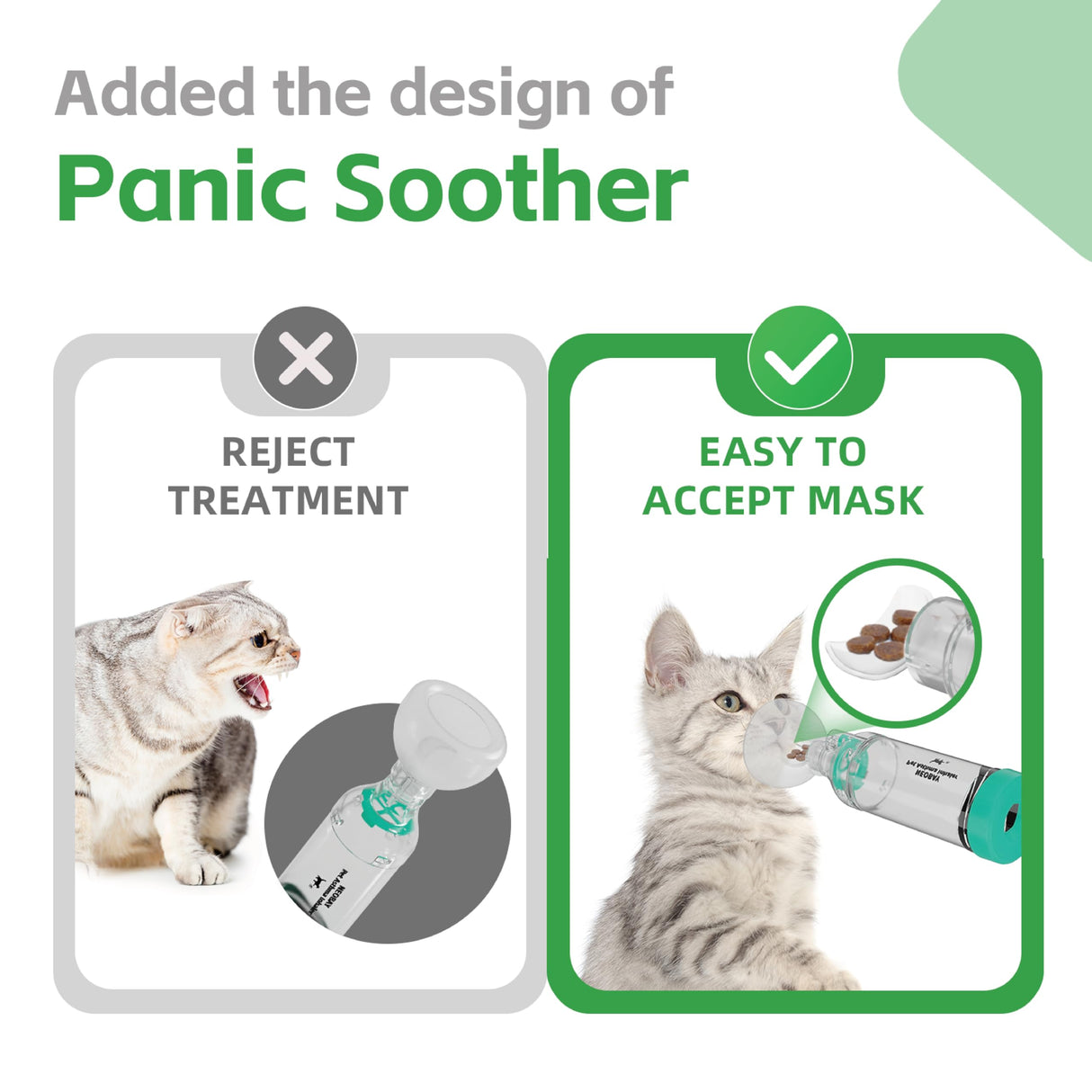 Neobay Cat Inhaler Spacer with Unique Panic Soother Training Aid & Sensitive Flow Indicator – Feline Aerosol Chamber for Cats with a Respiratory Condition – Includes 2 Masks (Small/Med) Green 1 Pack