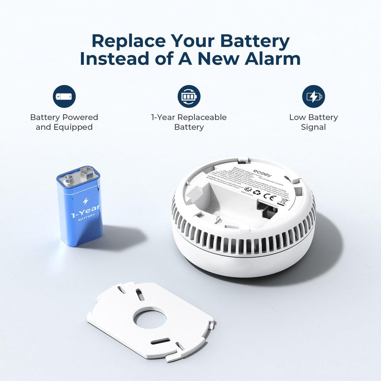 Ecoey Smoke Detector, Smoke Alarm with Advanced Photoelectric Technology, Fire Alarm Smoke Detector with Test Button and Low Battery Reminder, Fire Alarm Used in Bedroom, Home, FJ138, 1 Pack