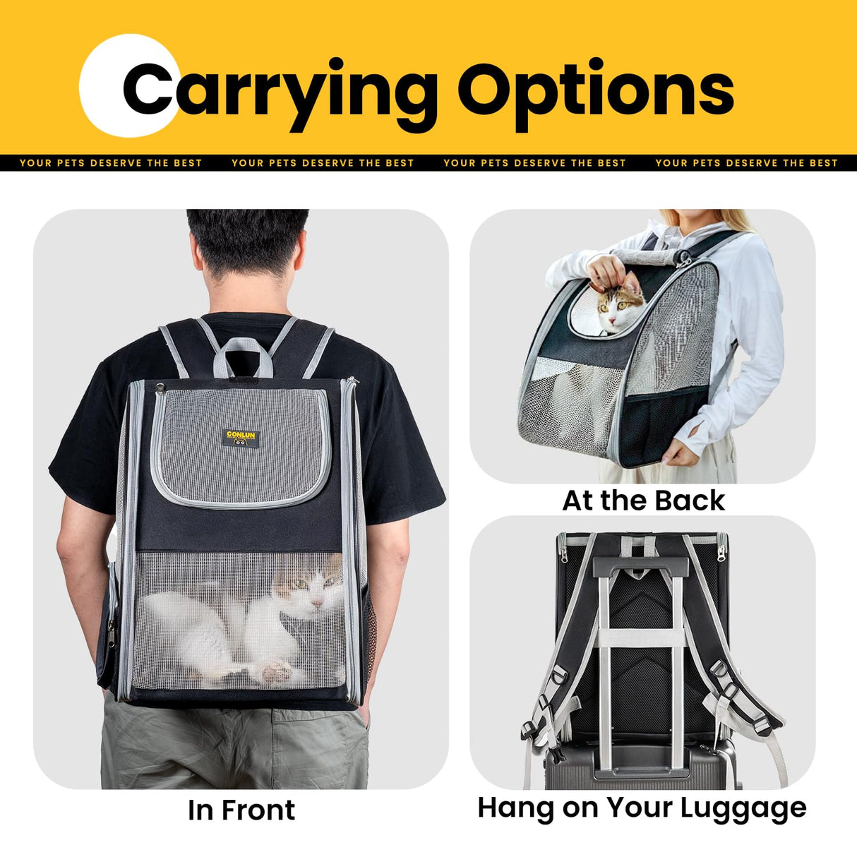 Conlun Cat Backpack Carrier for Small Dogs and Cats Fit Up to 15 Lbs,Small Dog Backpack, Foldable with 3-Side Mesh Windows, Pet Carrier for Travel & Hiking Friendly,Gray