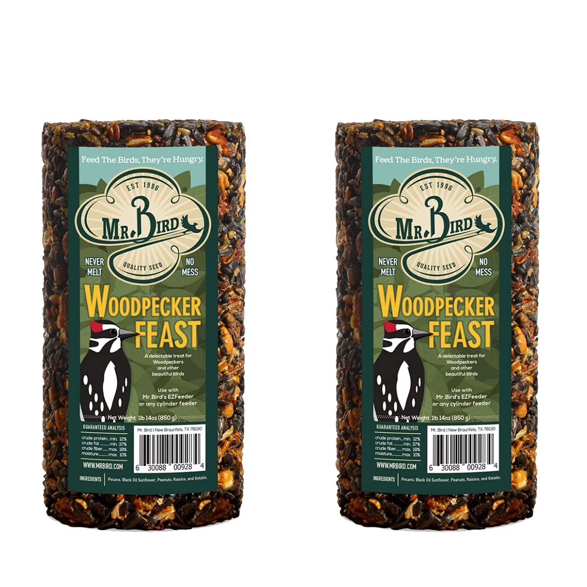 2-Pack Mr. Bird Woodpecker Feast Small Cylinder | Wild Bird Food for Outdoor Birds | Backyard Birdfeeding
