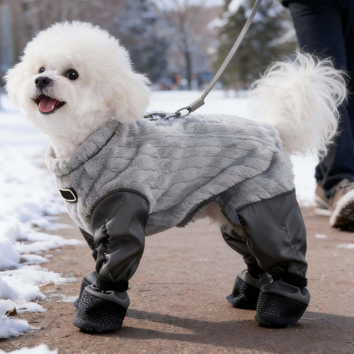 Dog Winter Coat, Waterproof Insulated Quilted Full Body Suit with Attached Boots for Small Medium Dogs, Reflective Outdoor Walking Snow Outfit (Grey, L)