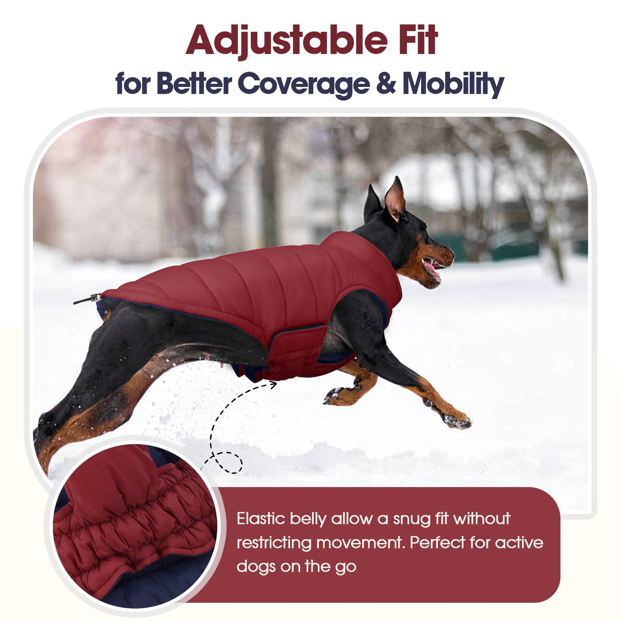 QBLEEV Reversible Dog Coat for Large Dogs, Waterproof Windproof Winter Jacket Keeps Big Breeds Warm & Dry, Adjustable Hook & Loop Puffer Vest, Wine Red, 3XL – Fits Labrador, Weimaraner, Great Dane
