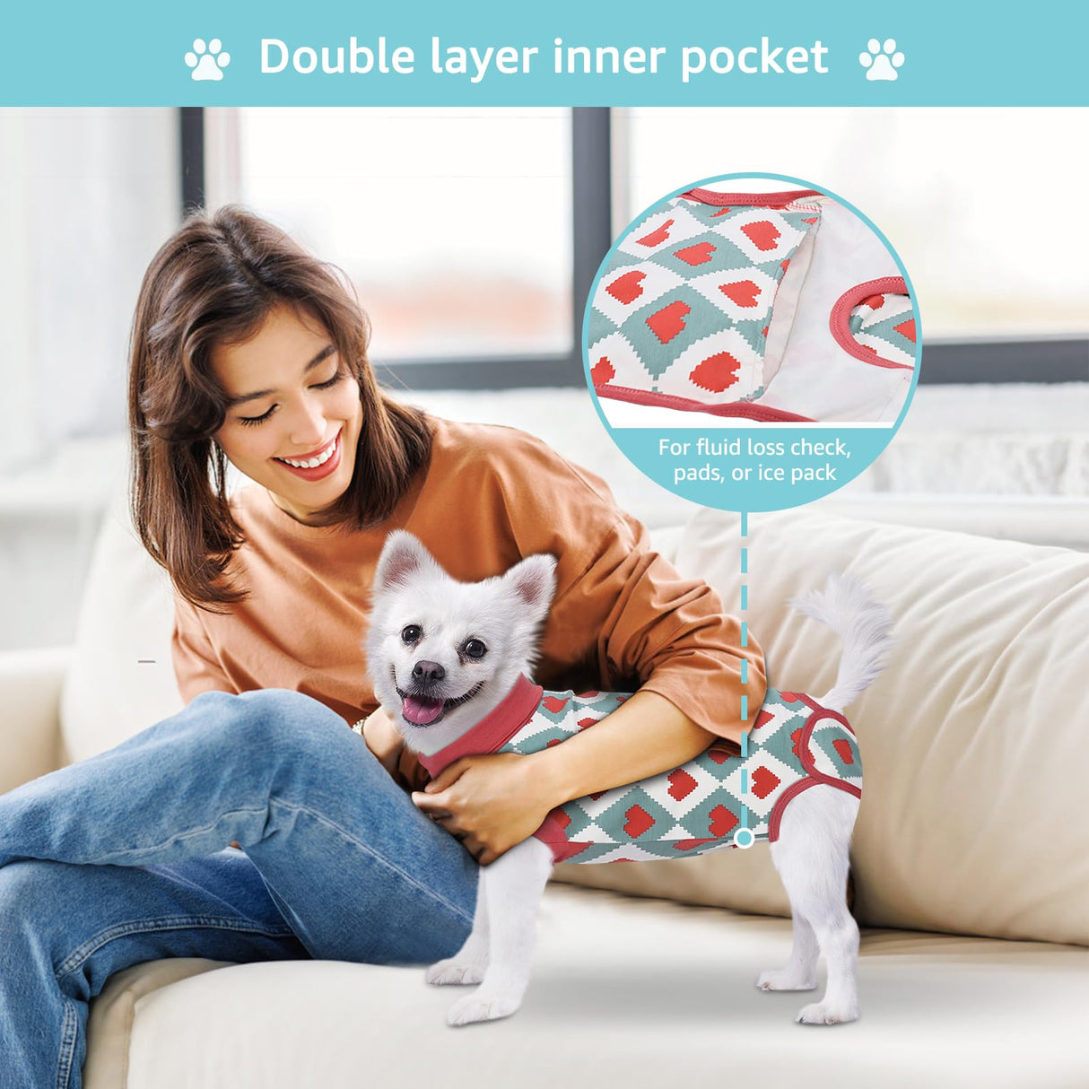 Comwish Small Recovery Suit for Dogs, Dog Recovery Suit Male Female Post Spay, Neuter, Abdominal Surgery Recovery Suit with an Inner Layer Pocket, Prevent Licking Soft Breathable Cotton (Red Heart)
