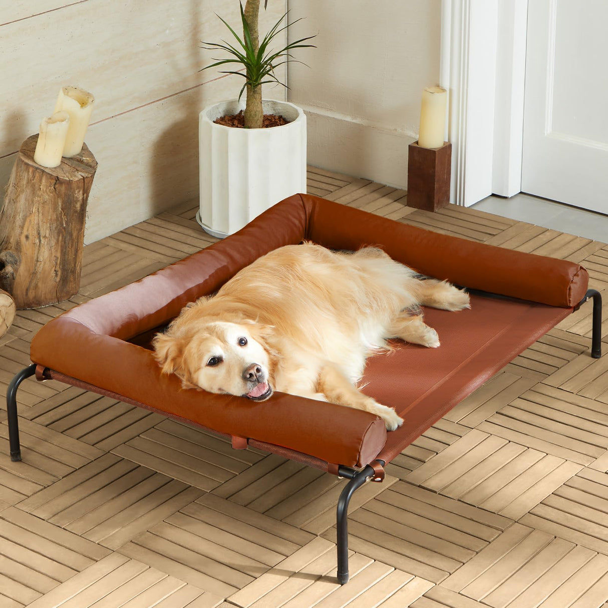 Cooling Elevated Dog Bed for Large Dogs – Waterproof Raised Dog Cot with Slope Headrest, Breathable Teslin Mesh, Durable & Portable Pet Bed for Indoor and Outdoor Use, Caramel
