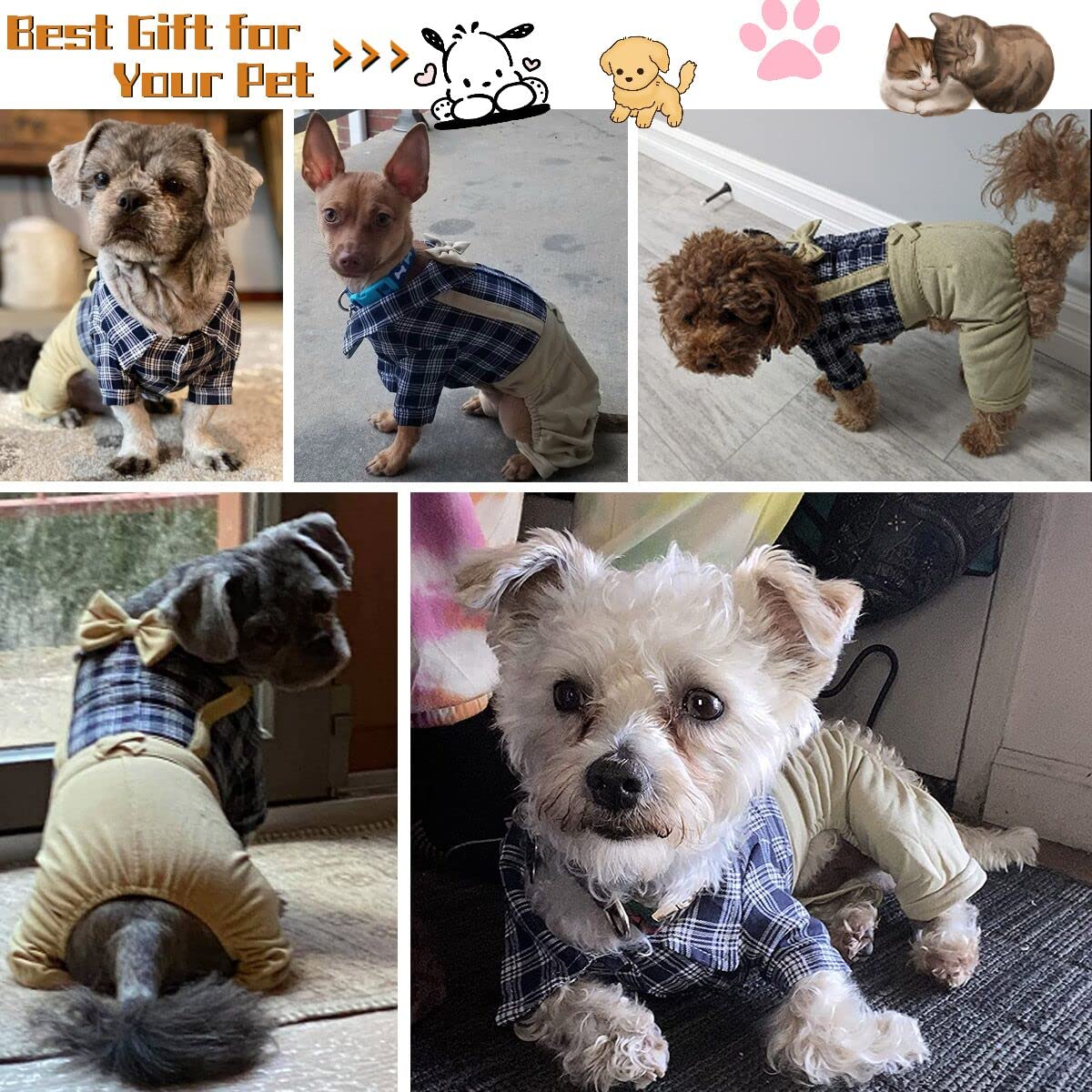 Pet Clothes Dog Shirts Classic Plaid Striped Overall Jumpsuit, Gentle Puppy Wedding Birthday Western Onesies Apparel, Fashion Daily Outfit with Bowtie for Dogs and Cats (X-Small, Khaki)