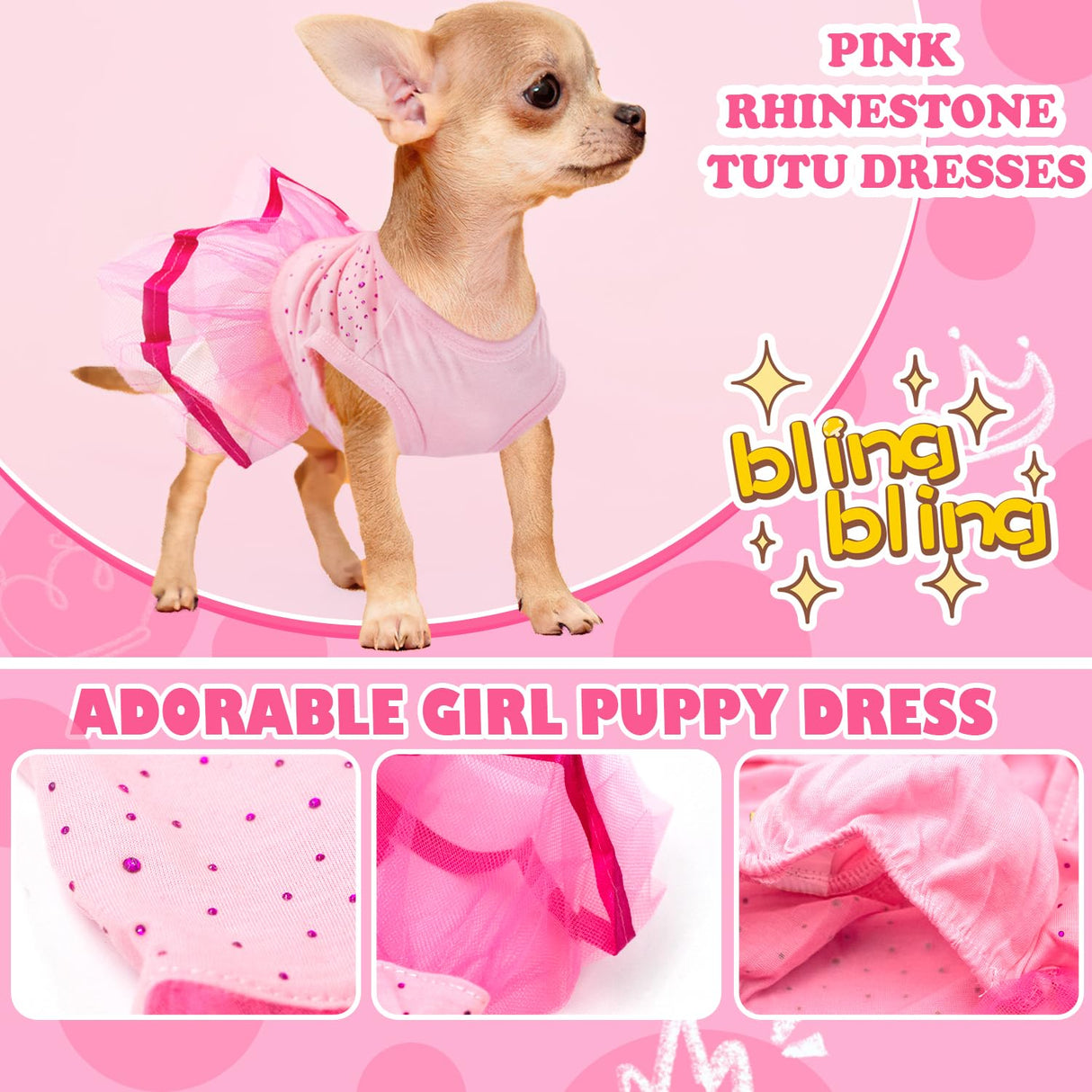 2-Pack Dog Dresses Cute Princess Dog Dress with Rhinestones Mesh Tutu Pet Outfit Puppy Clothes for Small Dog Girls Chihuahua Yorkie,Pink Black,Small