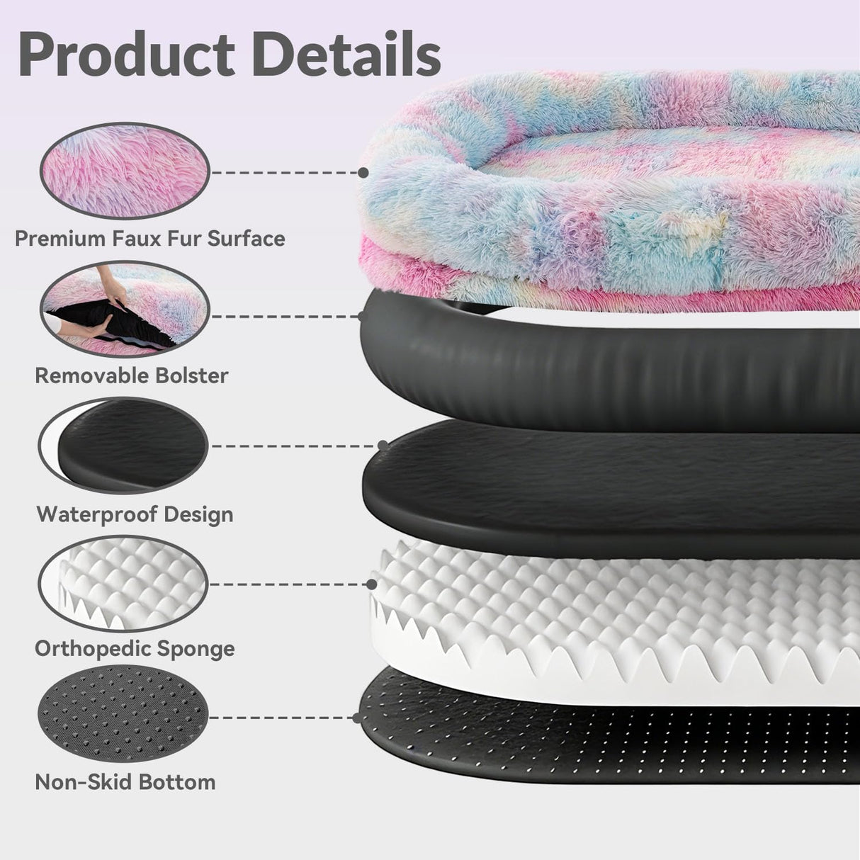 Human Dog Bed 71''Foldable for Adult Kids Faux Fur Washable Removable Giant Pet Bed with Present Blanket, Rainbow
