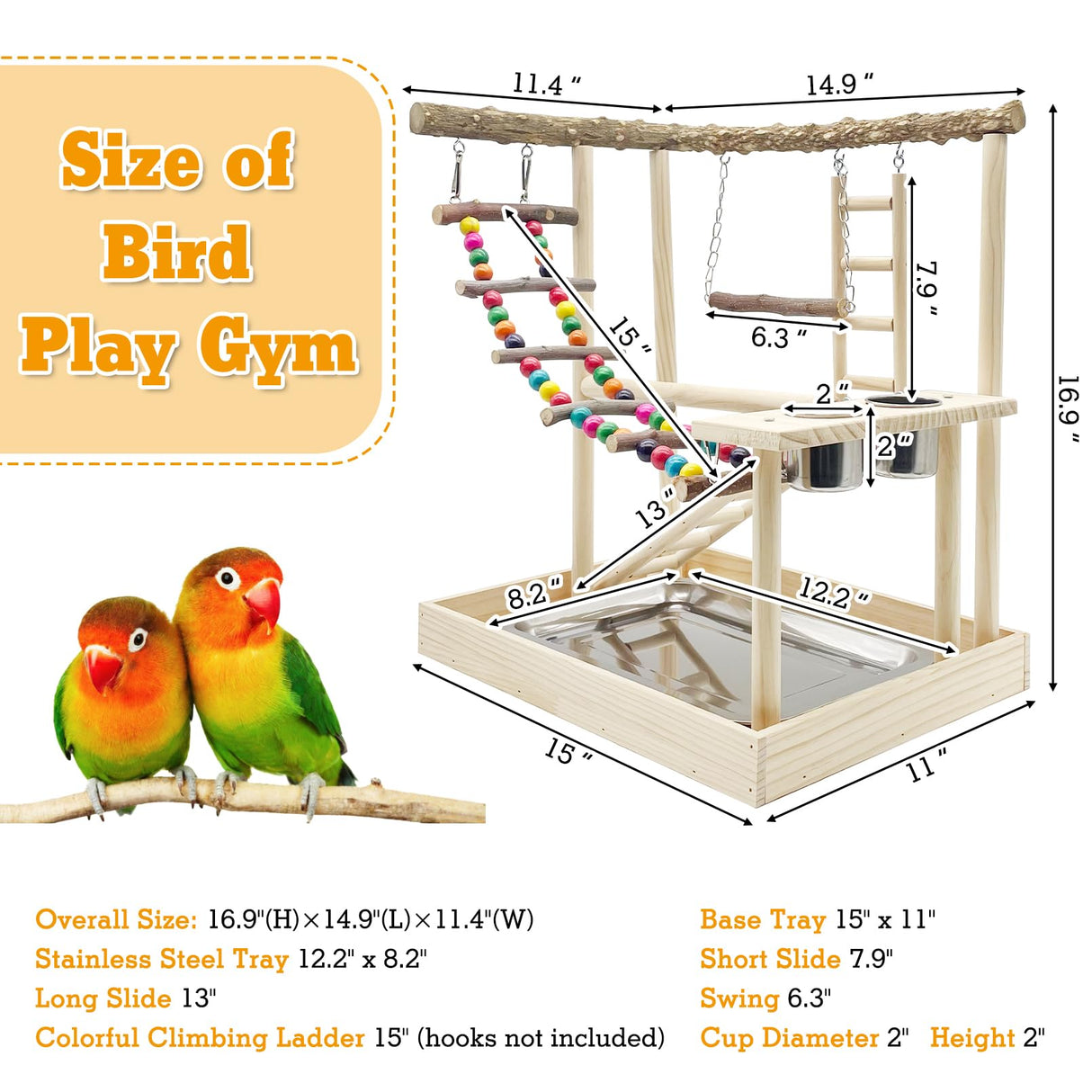 Hamiledyi Bird Playground Parrots Wood Perch Stand Cockatiel Playground Bird Play Gym Colours Climb Ladders Swing Chewing Toys with Parakeet Feeding Cups Exercise Activity Center for Lovebirds Conure