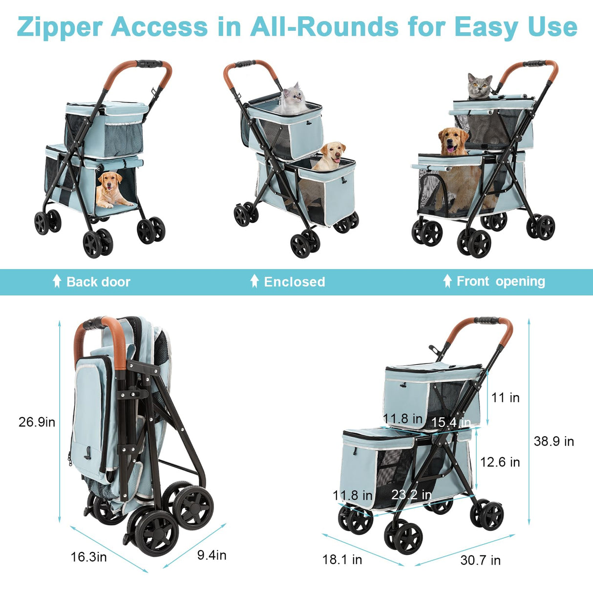 LPOTIUS Double Pet Stroller for Dogs and Cats, One-Hand Folding Dog Stroller Travel Carriage for Small Medium Dogs Cats, 4 Wheels, Blue